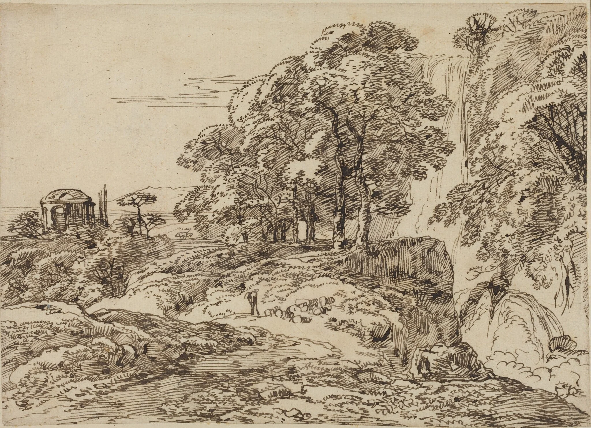 Pastoral Landscape with a Waterfall and a Temple, by Franz Innocenz Josef Kobell, ink, 1786
