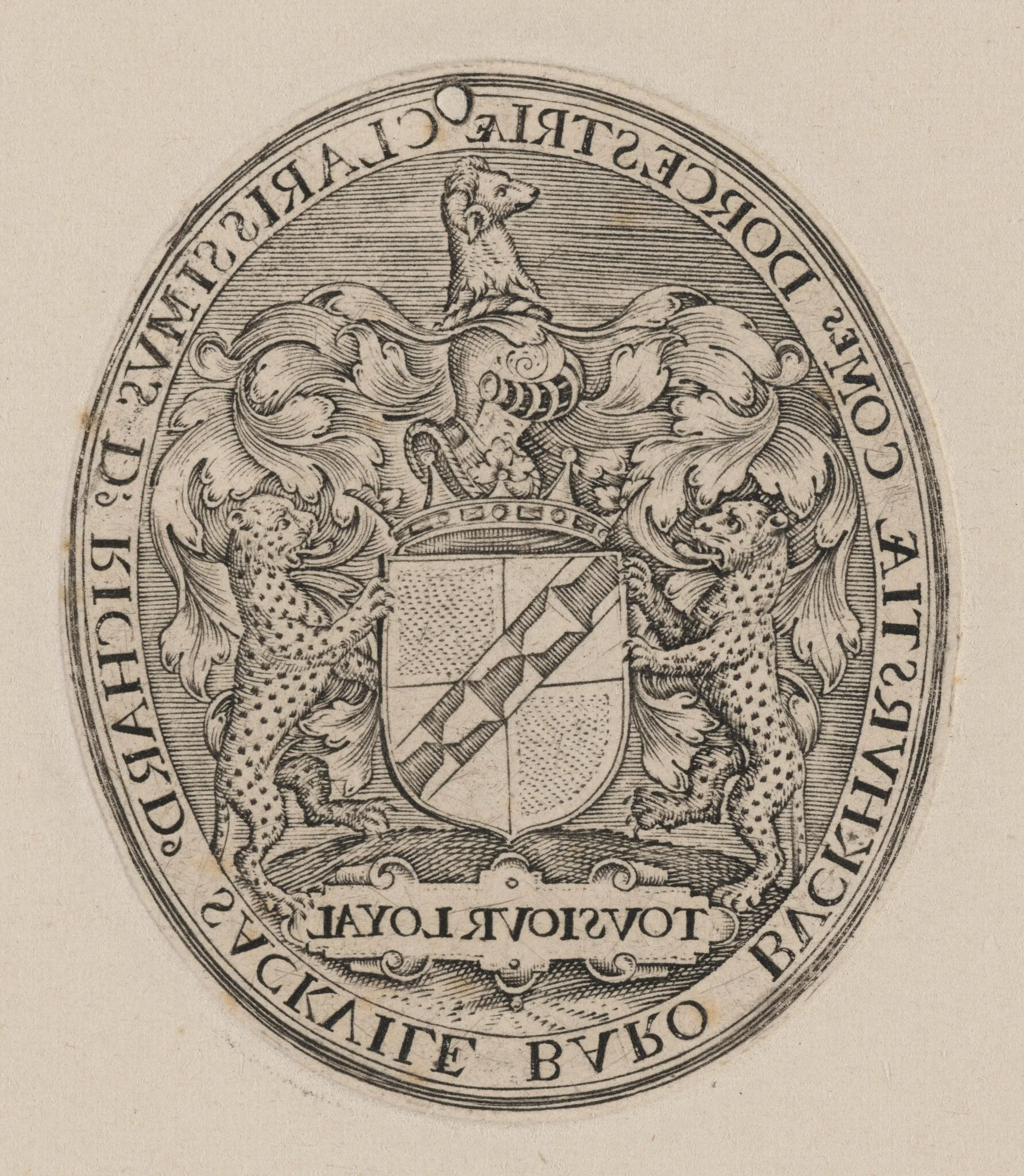 Shield of Richard Sackville, 3rd Earl of Dorset [right half], by Simon van de Passe, ink, 1621
