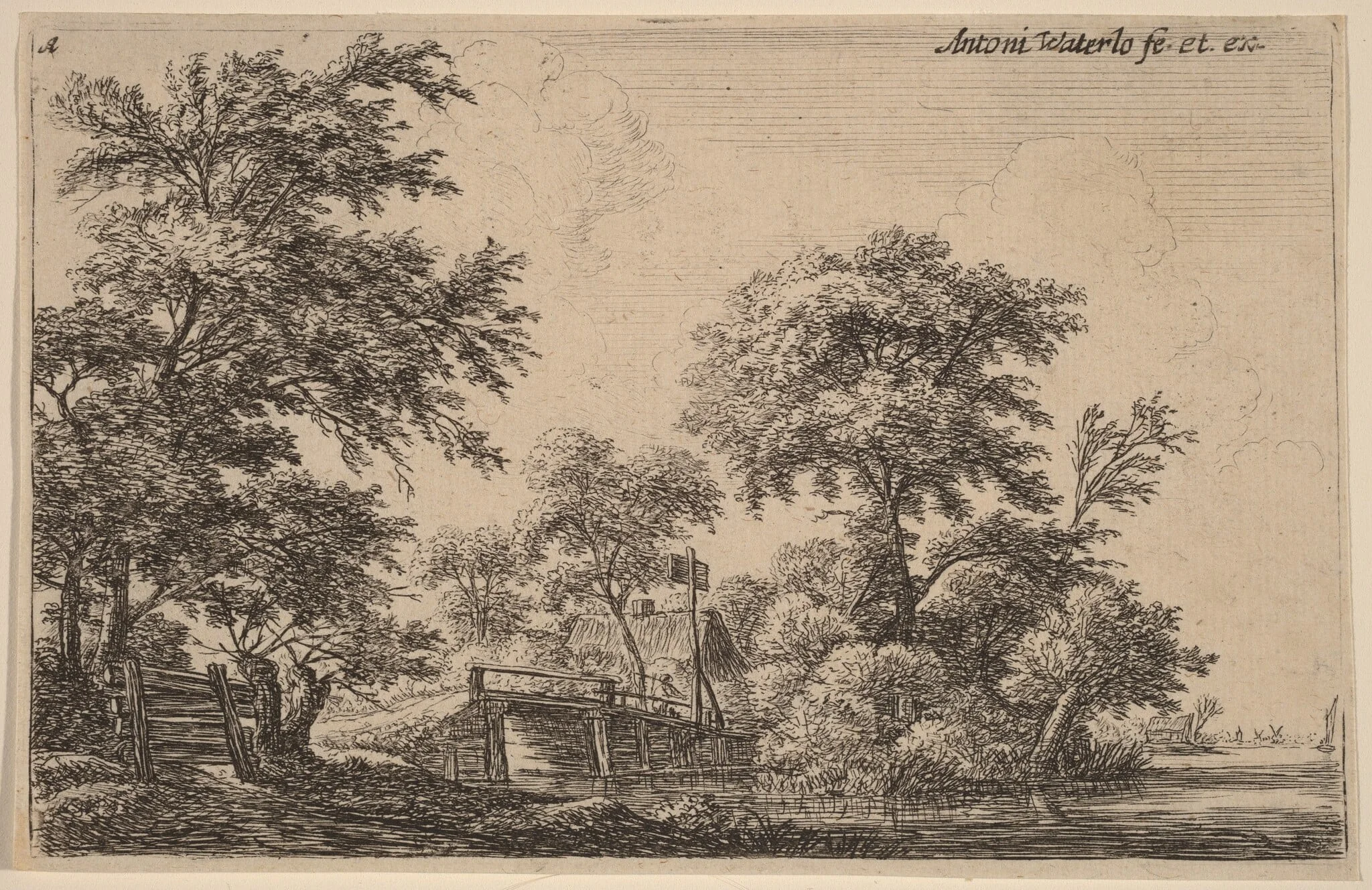 Planks Attached to Four Trees, by Antonie Waterloo, ink, 1650