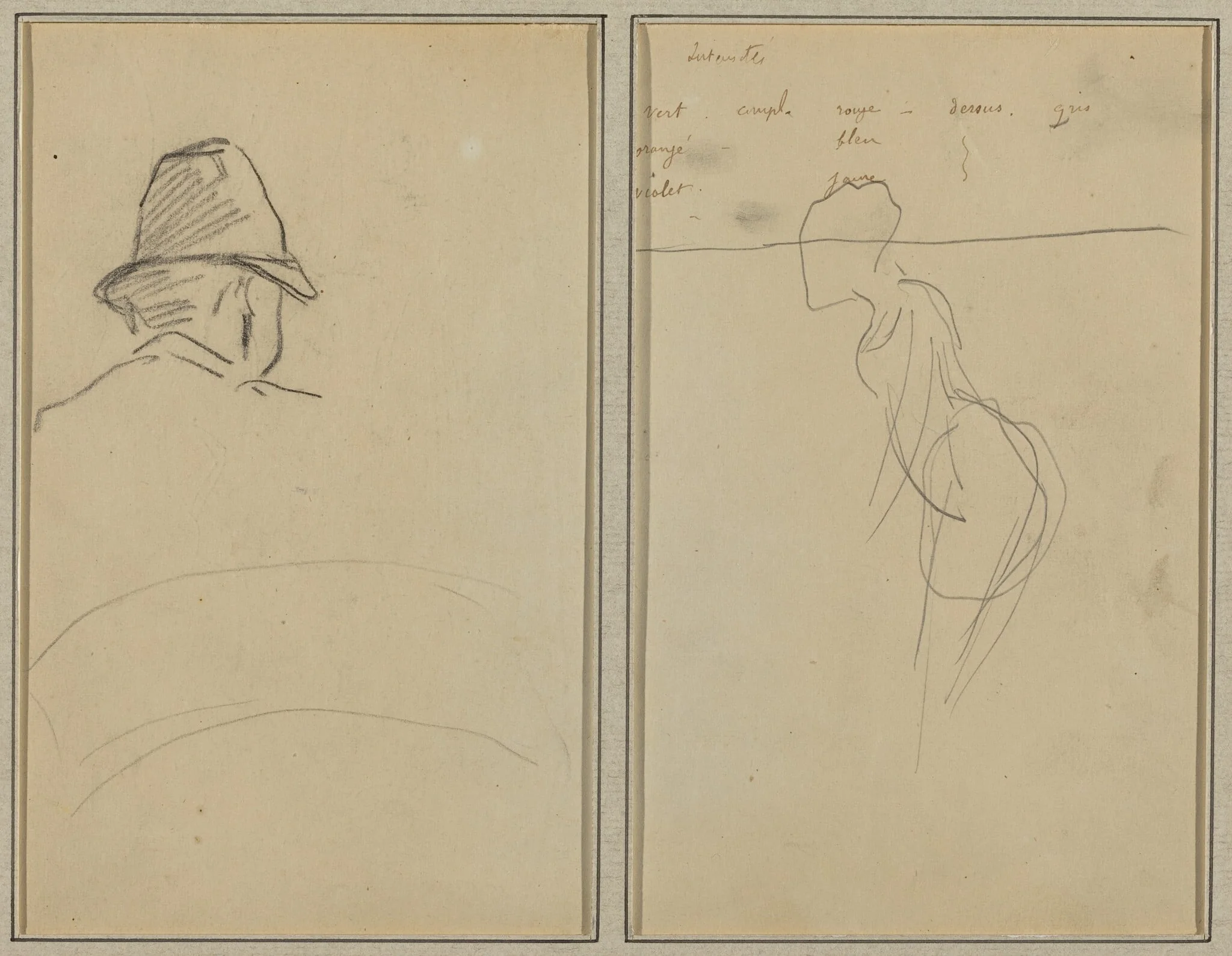 A Head of Man with Hat, Seen from Behind; A Standing Woman [recto], by Paul Gauguin, ink, 1886