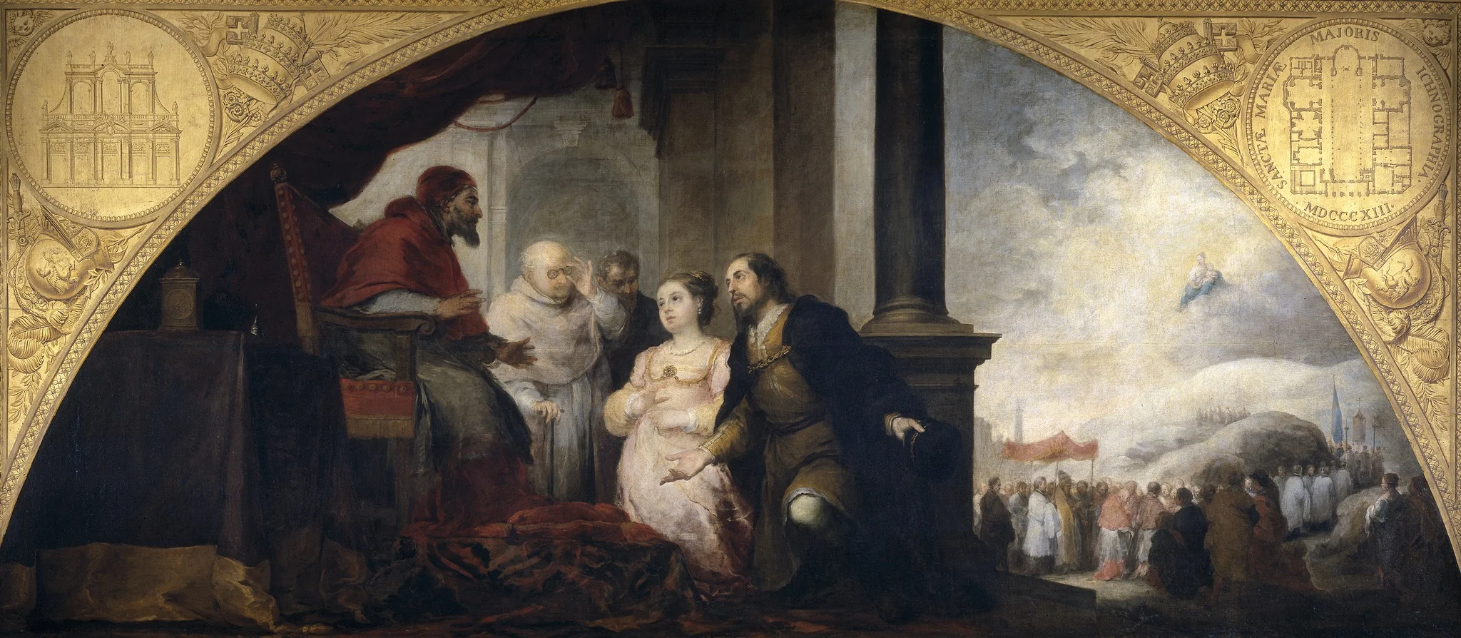 The Foundation of Santa Maria Maggiore in Rome. The Patrician recounts his Dream to the Pope, by Bartolomé Esteban Murillo, oil, 1664
