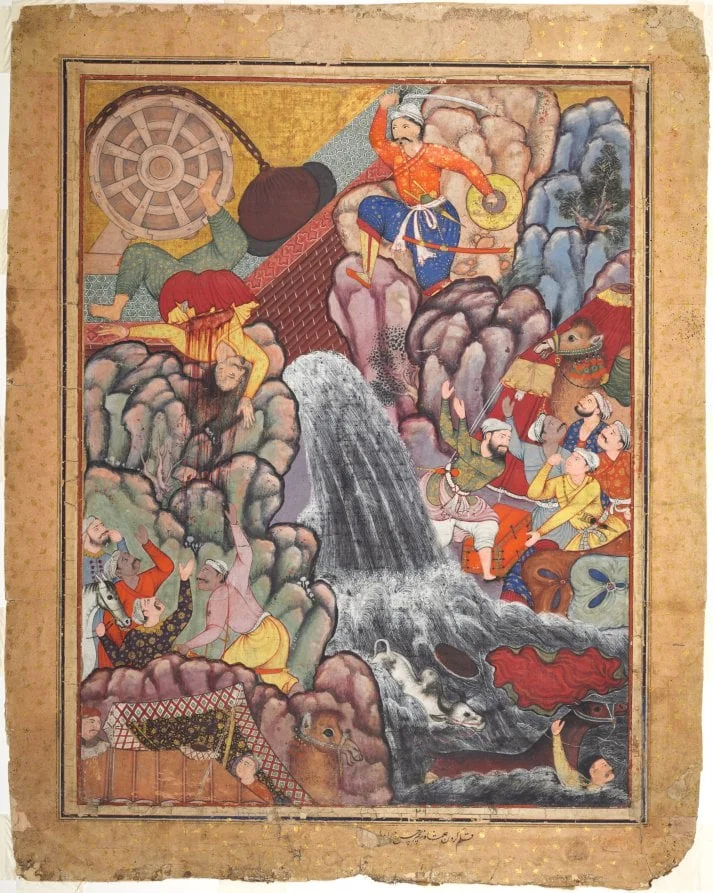 Alamshah cleaving asunder the chain of the wheel, from volume 11 of a Hamza-nama (Adventures of Hamza), by Unknown, unspecified, 1570