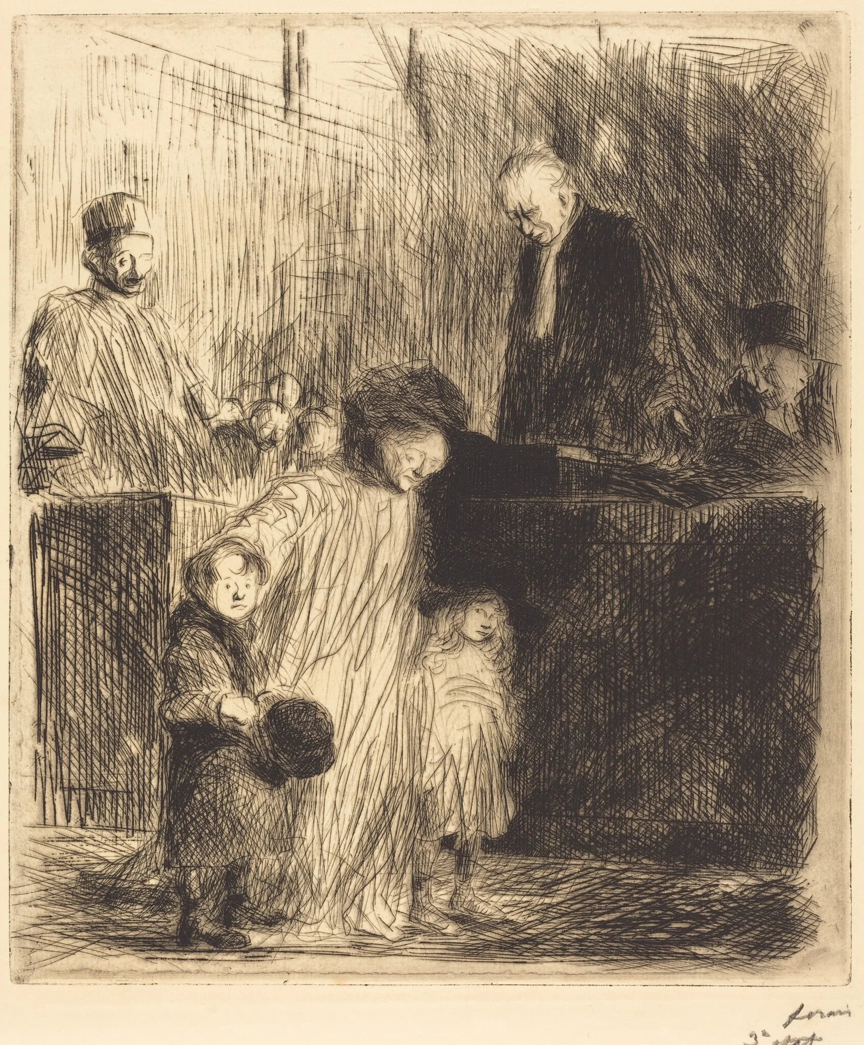 La sortie de l'audience (1ère planche) (Coming Out of the Hearing) (first plate), by Jean-Louis Forain, ink, 1909
