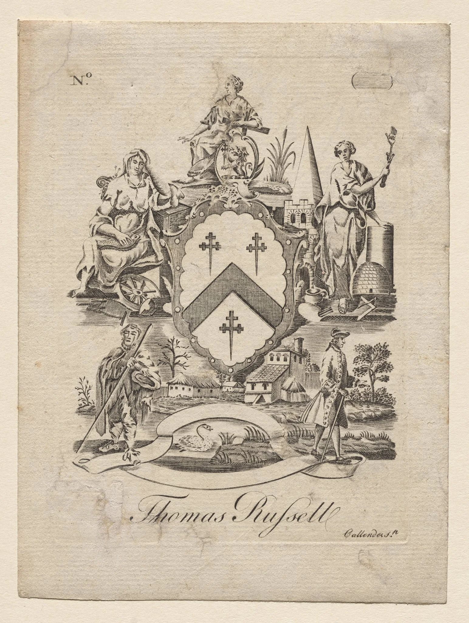 Bookplate:  Coat of Arms with Thomas Russell inscribed below, by Joseph Callender, 1796
