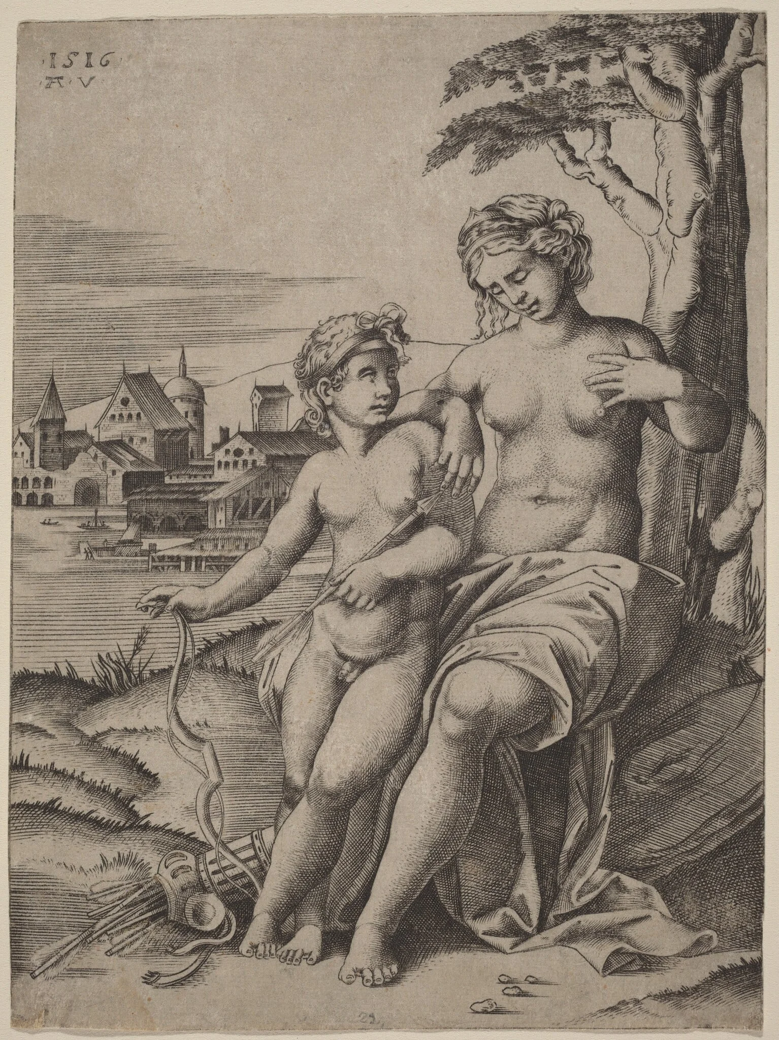 Venus and Cupid, by Agostino dei Musi, ink, 1516