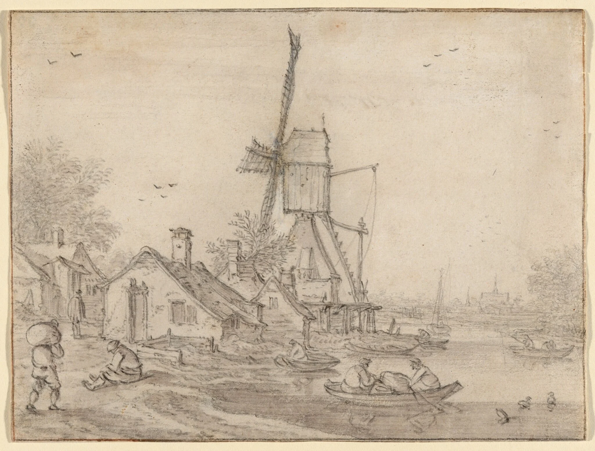 A Windmill and Cottages on a River Bank, Men in Rowing Boats, by Velde, Esaias van de, I, chalk, 1615