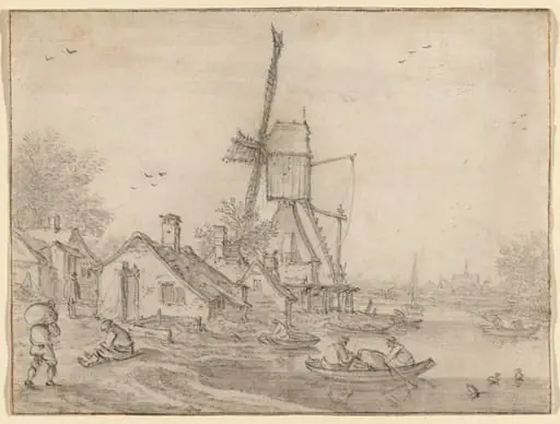 A Windmill and Cottages on a River Bank, Men in Rowing Boats