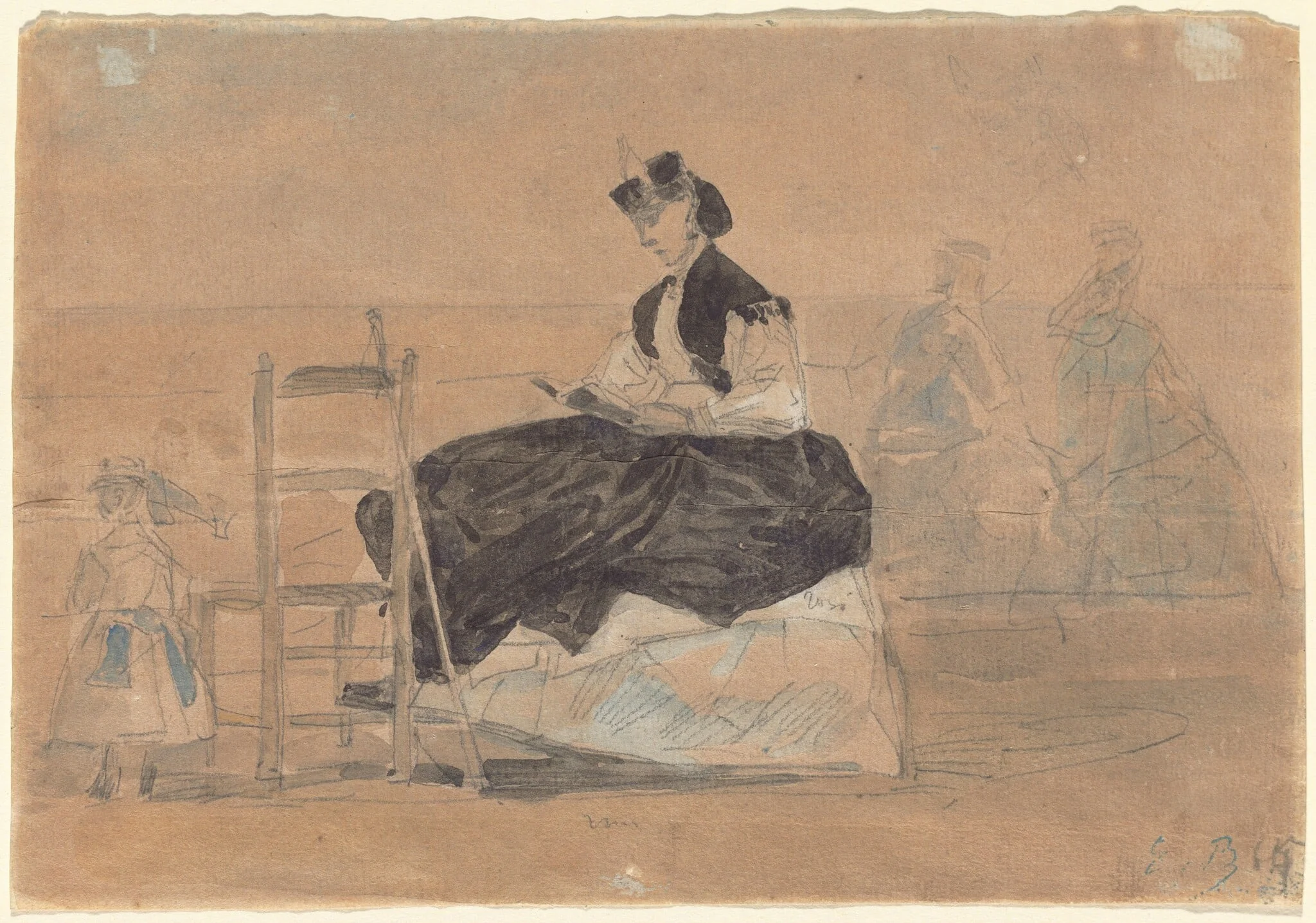 Woman in a Crinoline on the Beach of Trouville, by Eugène Boudin, gouache, 1865