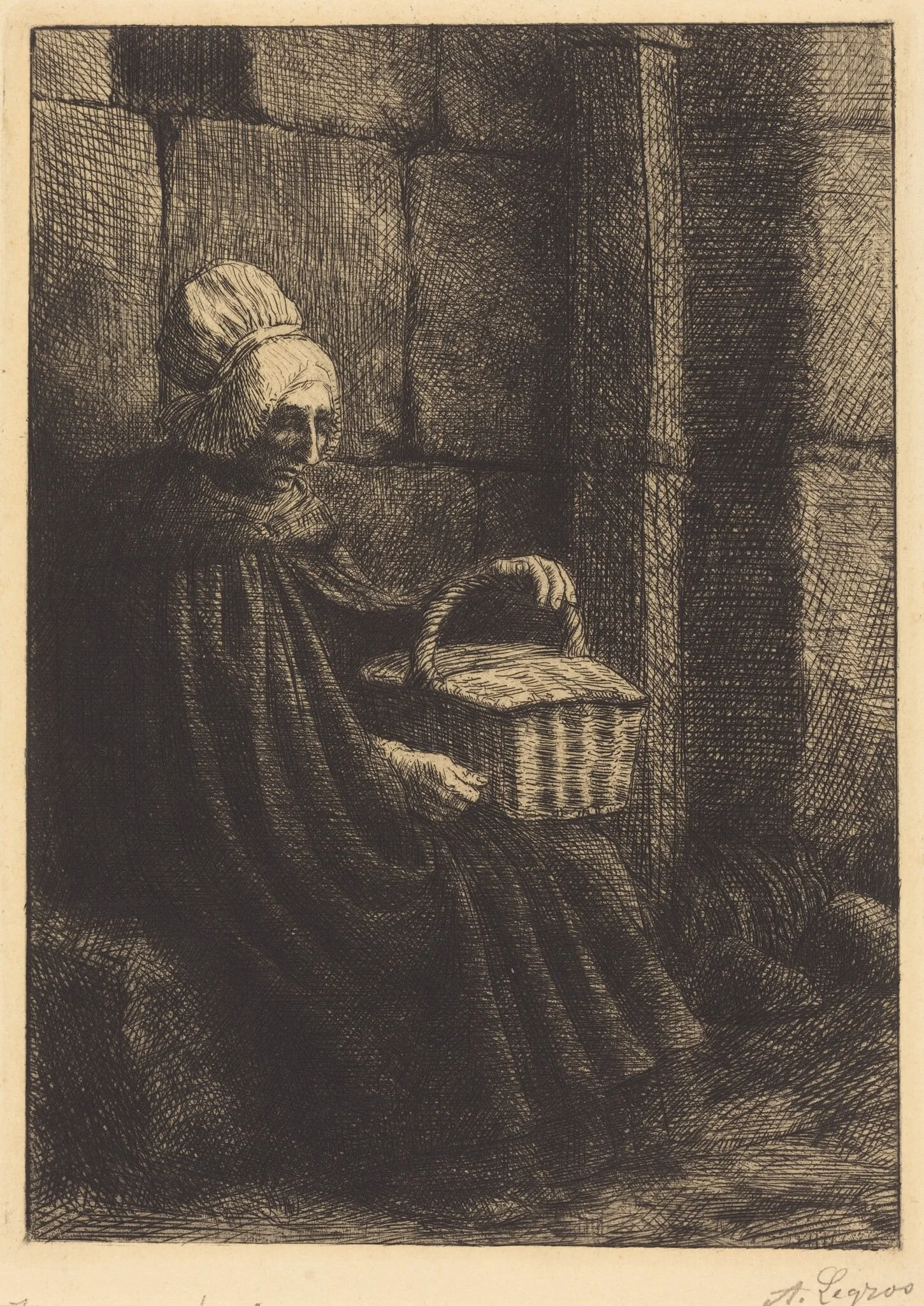 Peasant Woman of Boulogne (Paysanne des environs de Boulogne dite La femme au panier), by Alphonse Legros, ink, 1874