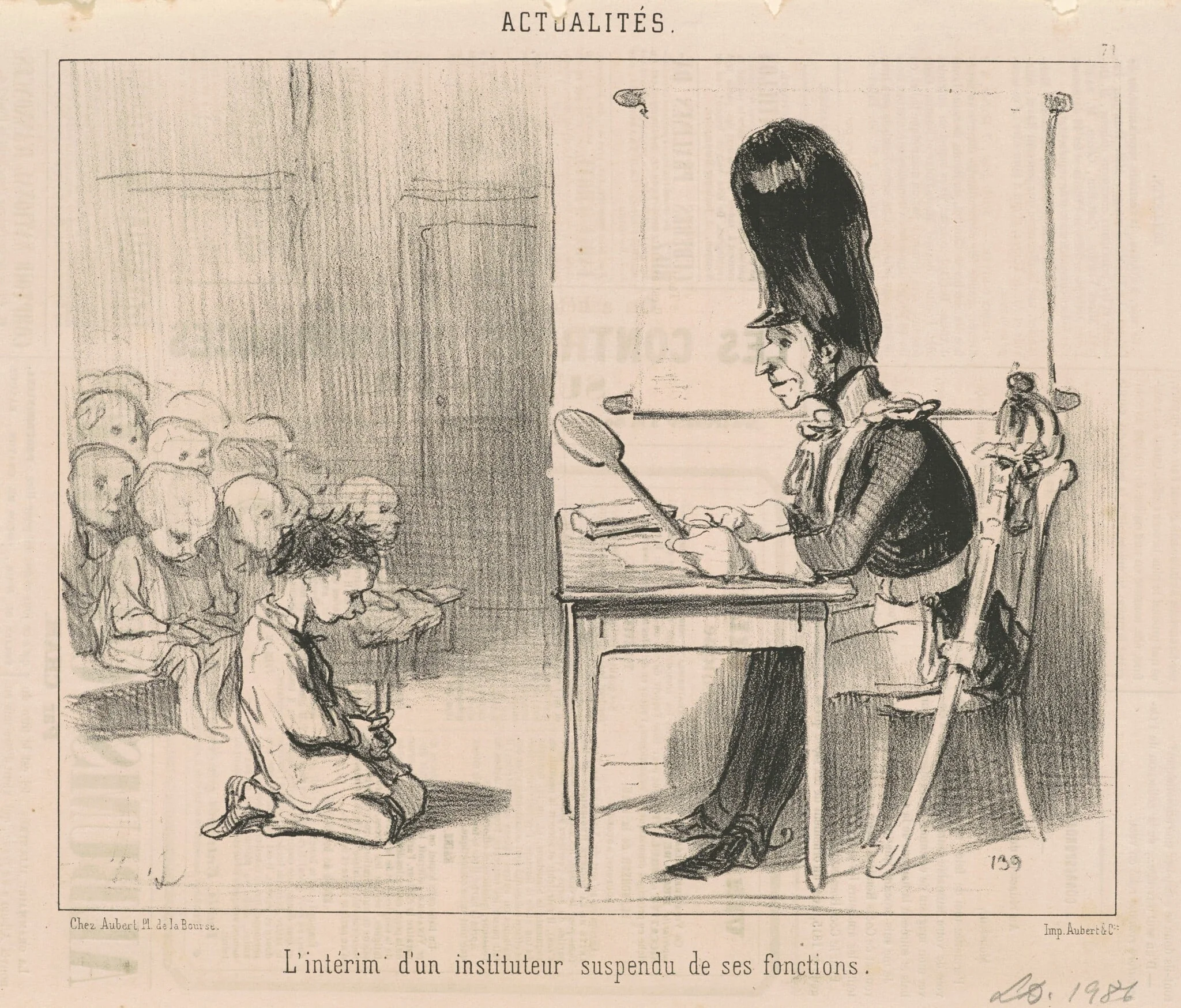 L'intérim d'un instituteur suspen du ..., by Honoré Daumier, ink, 1850