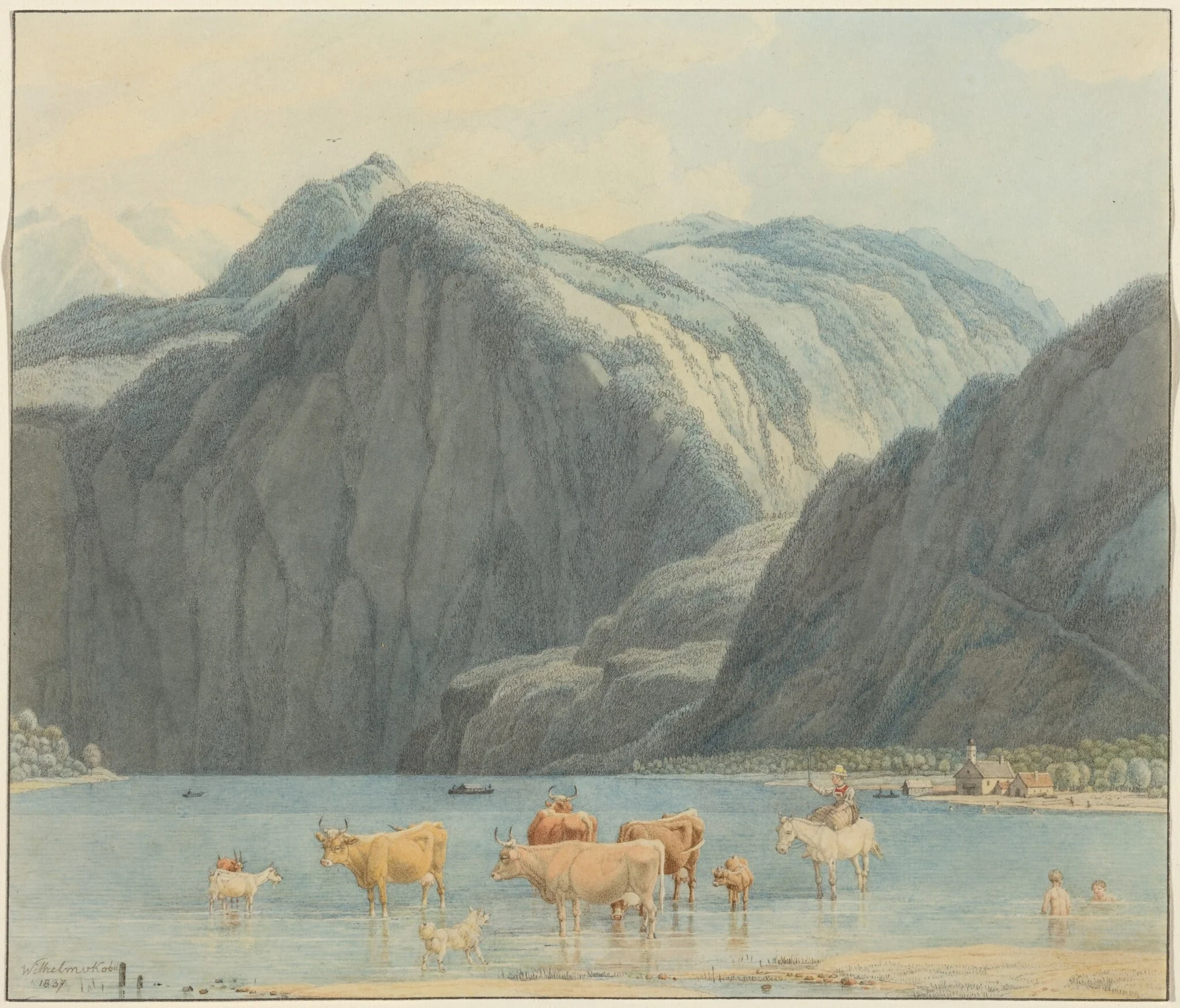 Königsee with the Cliffs of St. Bartholomëe, by Wilhelm von Kobell, graphite, 1837