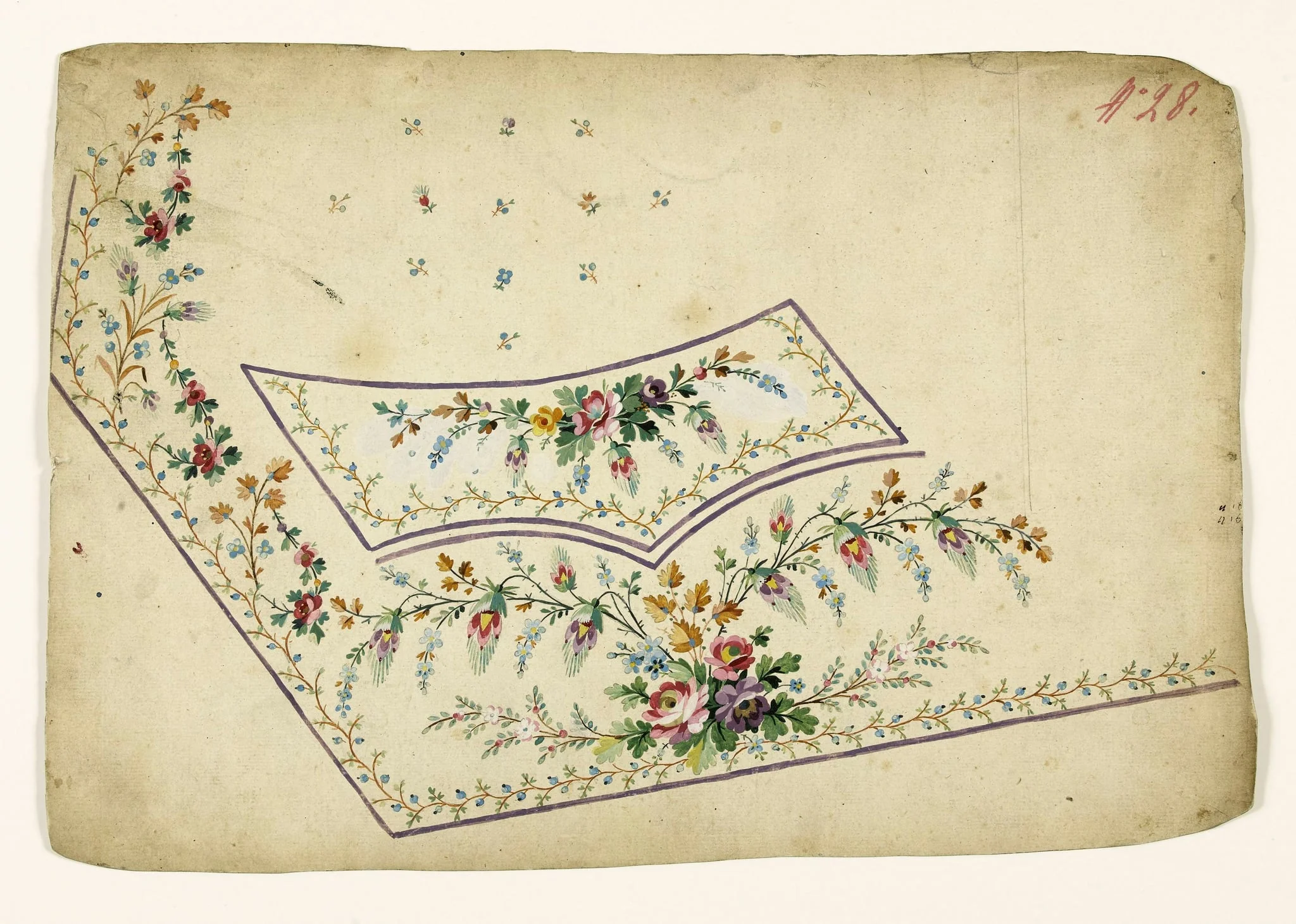 Bouquets de branches et de fleurs et frises de baies bleues, projets de broderies de gilet, XVIIIème siècle, by Anonyme, 1750