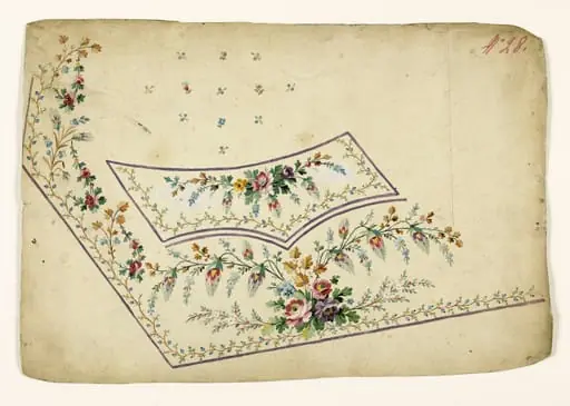 Bouquets de branches et de fleurs et frises de baies bleues, projets de broderies de gilet, XVIIIème siècle