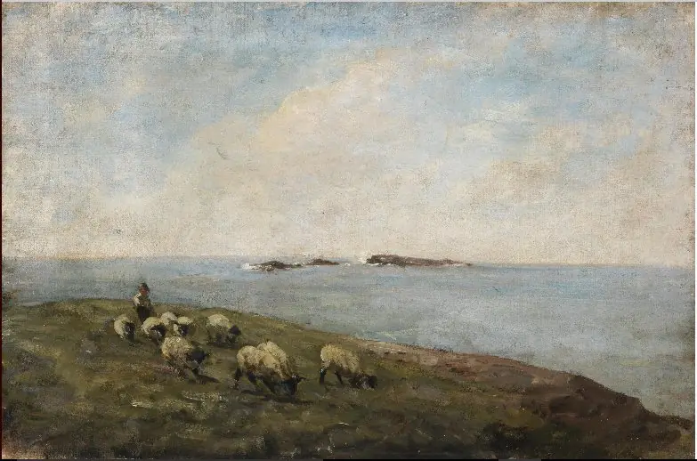 Sheep and a Shepherd by the Sea