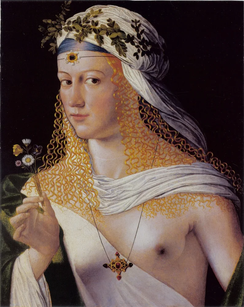 Idealised Portrait of a Courtesan as Flora, by Bartolomeo Veneto, paint, 1520
