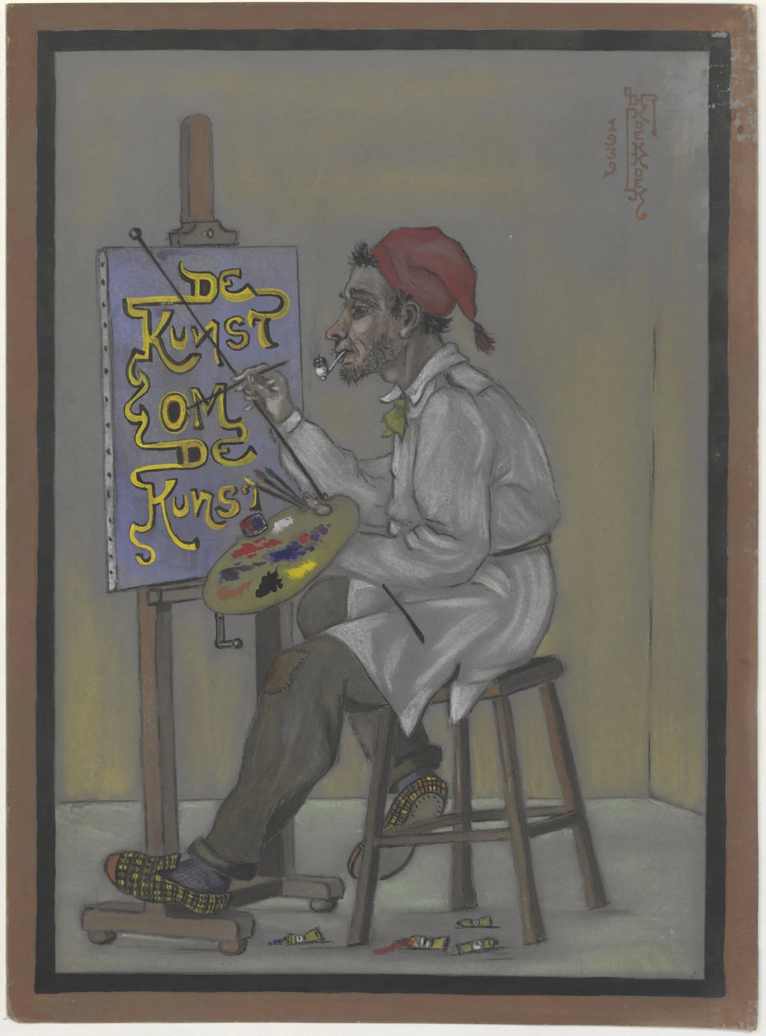 Artist at work, painting the sentence 'De kunst om de kunst', by H., Koekkoek, unspecified, 1939