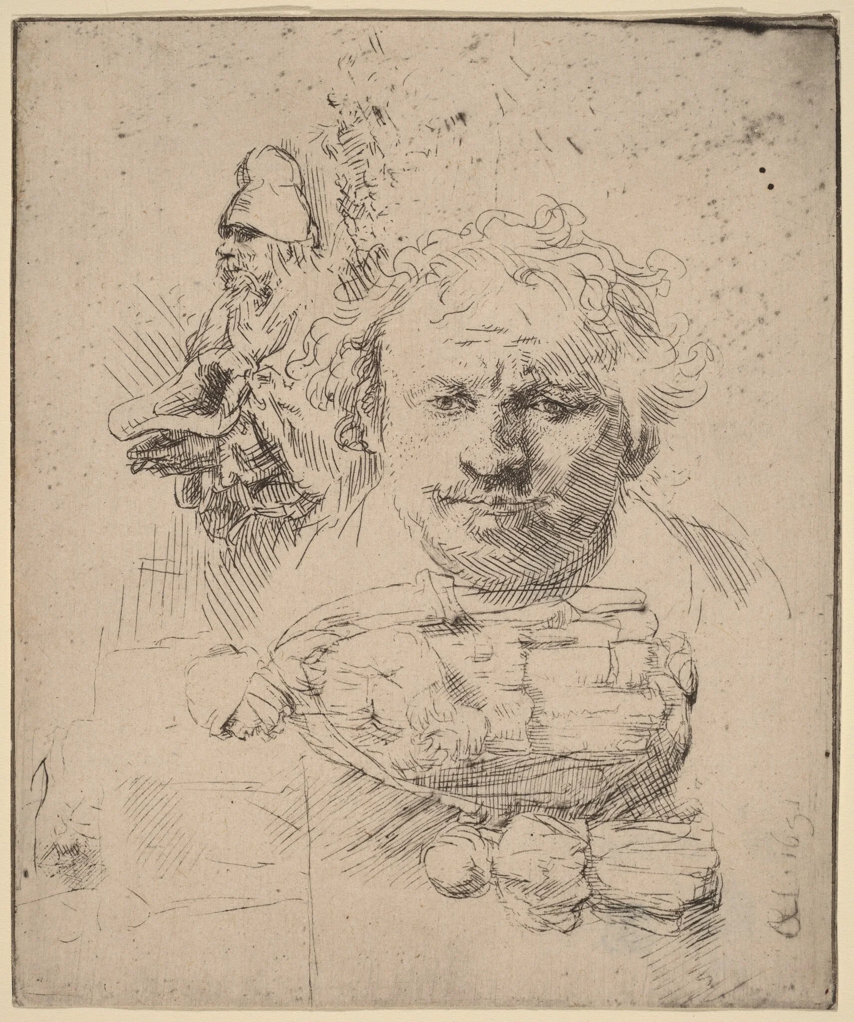 Sheet of Studies with the Head of the Artist, a Beggar Man, and Woman and Child, by Rembrandt, ink, 1651