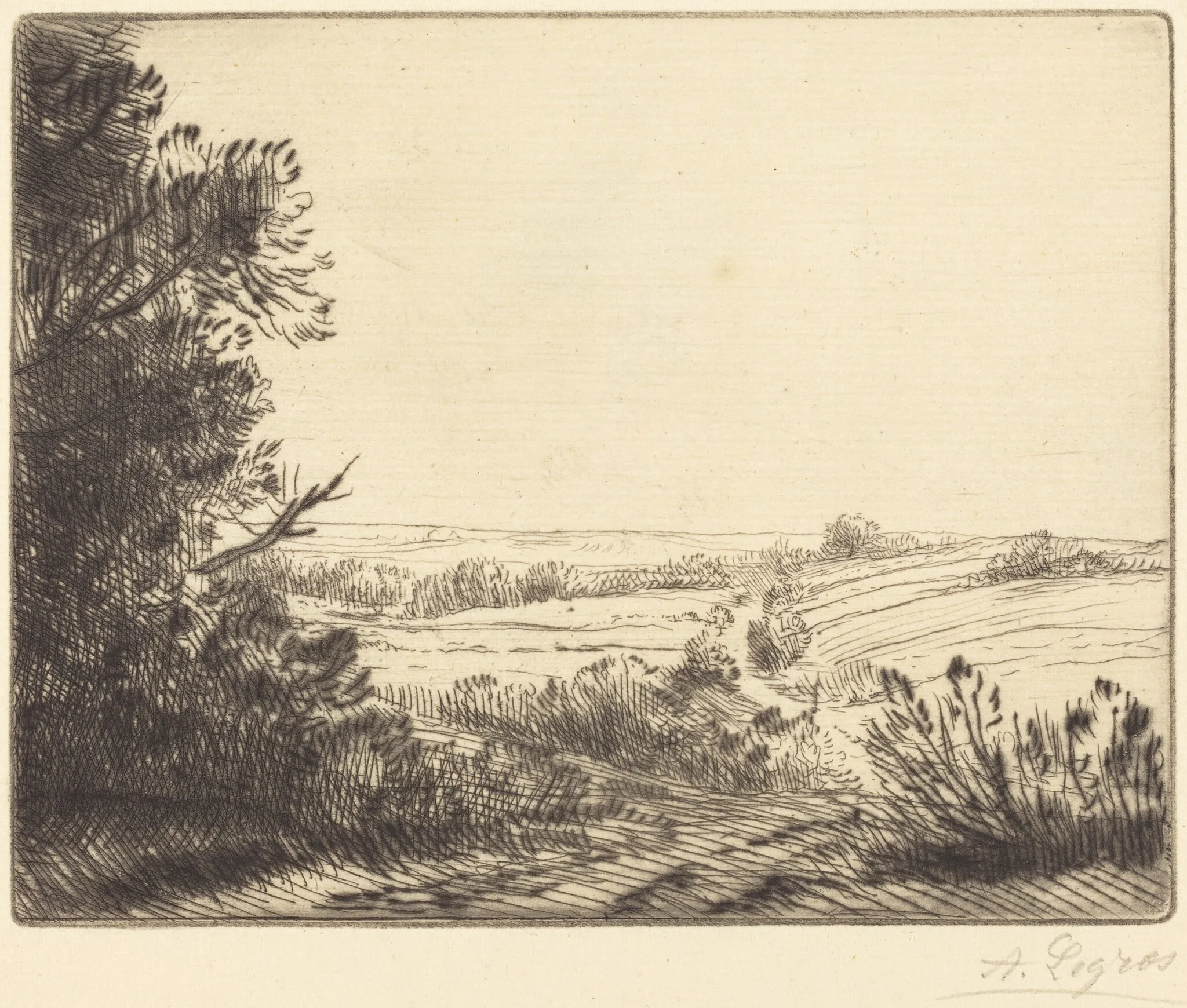 Landscape: Road to Horville (Paysage: Chemin d'Horville), by Alphonse Legros, ink, 1874