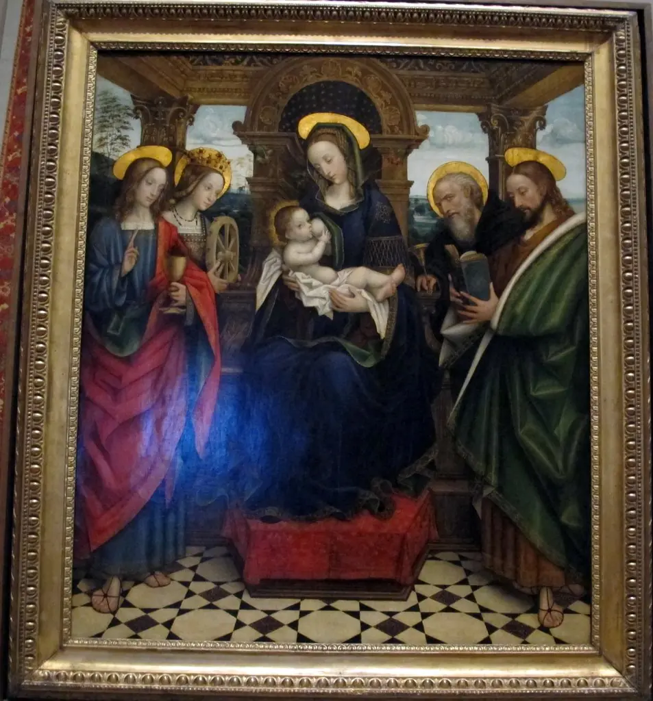Enthroned Virgin and Child, with Saints John the Evangelist, Catherine of Alexandria, and Anthony Abbot, and a Saint Reading a Book