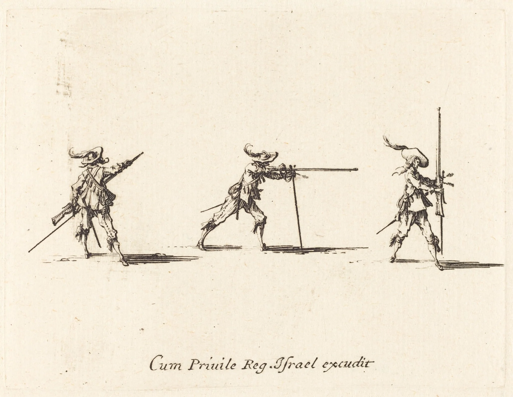 Taking the Firing Position with the Musket, by Jacques Callot, ink, 1634
