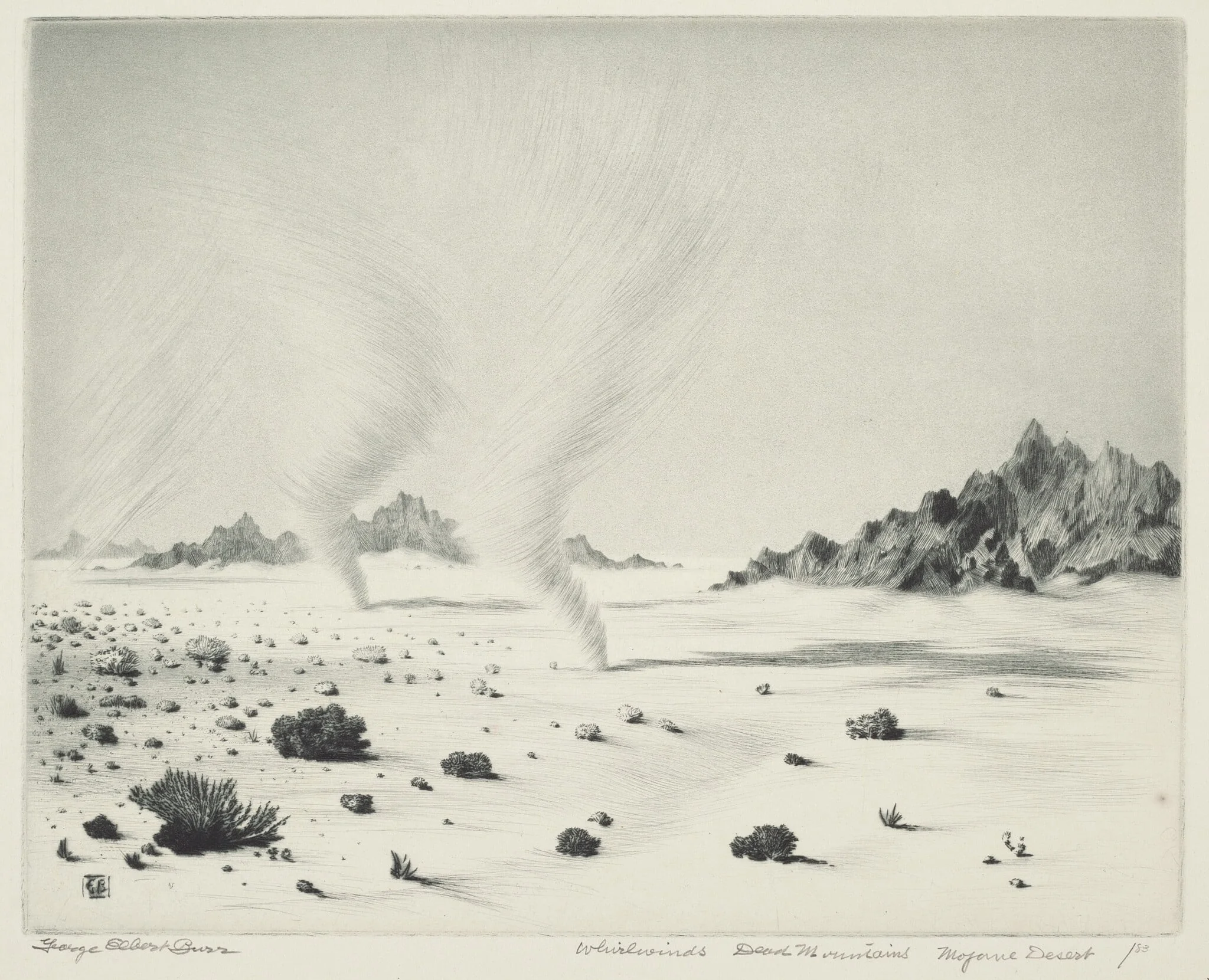 Whirlwinds, Dead Mountains, Mojave Desert, California, by George Elbert Burr, ink, 1921