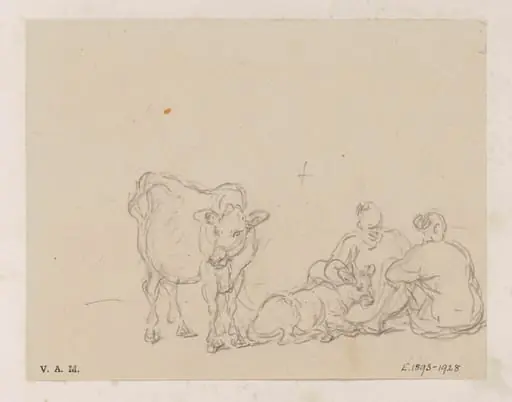 Two Chinese figures with two calves