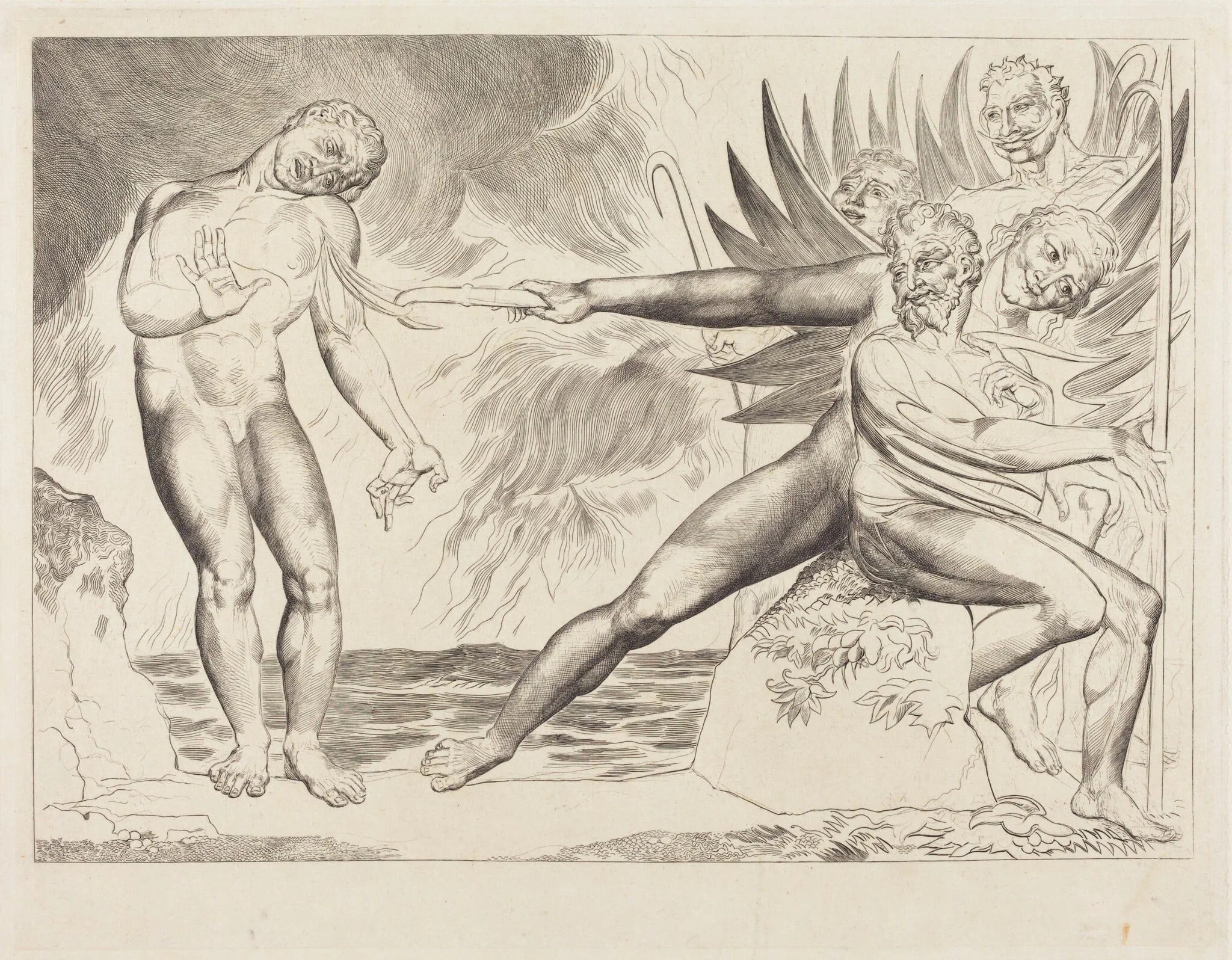 The Circle of the Corrupt Officials; the Devils Tormenting Ciampolo, by William Blake, ink, 1827