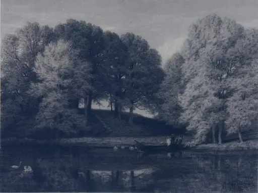 Landscape with boat and swans