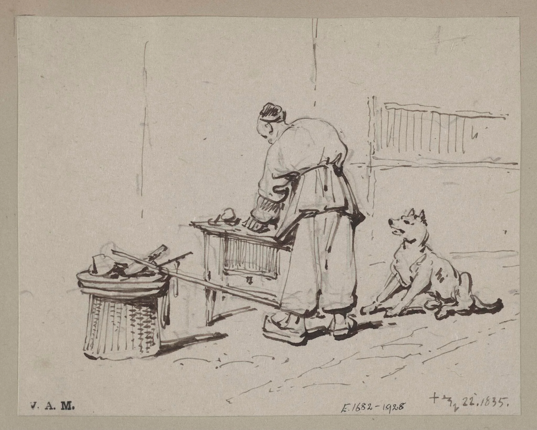 A Chinese man stooping over a table, watched by a dog