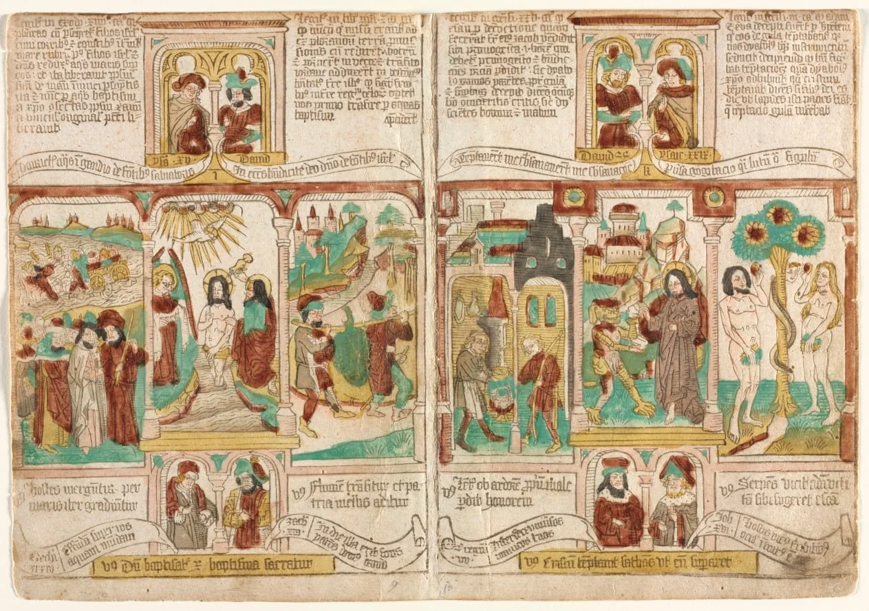 The Bible of the Poor (Biblia Pauperum),
Pharaoh's Army Drowned in the Red Sea; Baptism of Christ; and Moses' Spies Returning with Grapes from Canaan
Esau Selling Jacob his Birthright; Temptation of Christ; and Temptation of Adam and Eve, by Unknown, 1465