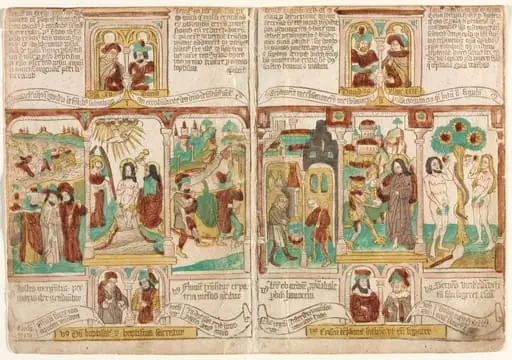 The Bible of the Poor (Biblia Pauperum),
Pharaoh's Army Drowned in the Red Sea; Baptism of Christ; and Moses' Spies Returning with Grapes from Canaan
Esau Selling Jacob his Birthright; Temptation of Christ; and Temptation of Adam and Eve