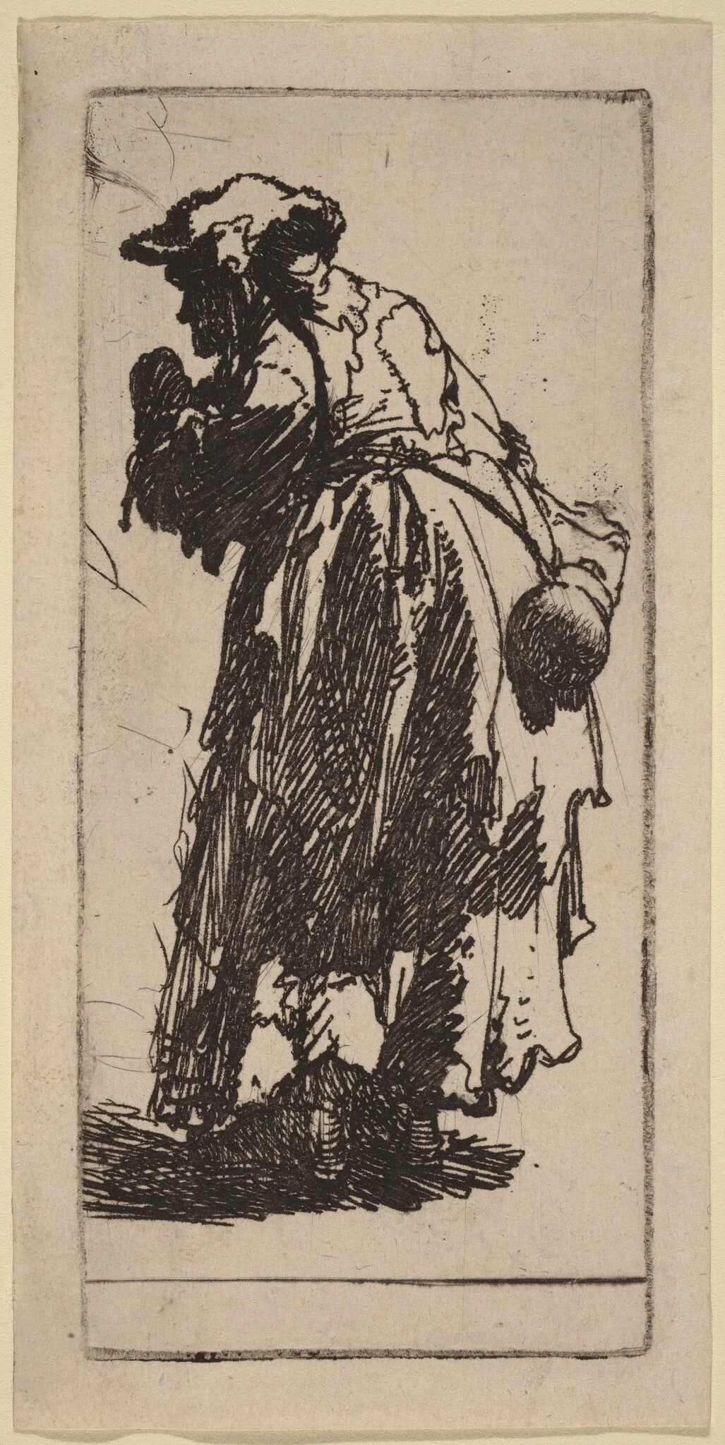 Old Beggar Woman with a Gourd, by Rembrandt, ink, 1630
