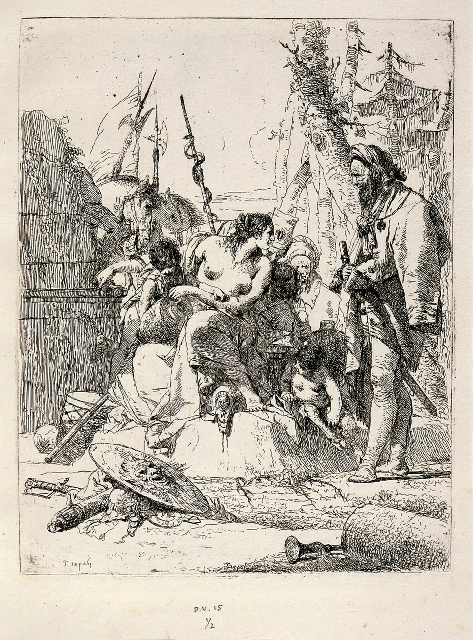 Seated Woman and Standing Man Surrounded by Other Figures and Paraphernalia, by Giovanni Battista Tiepolo, ink, 1733
