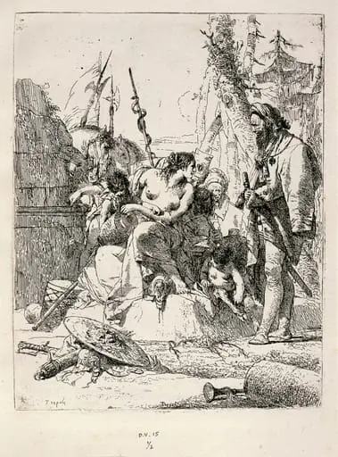 Seated Woman and Standing Man Surrounded by Other Figures and Paraphernalia