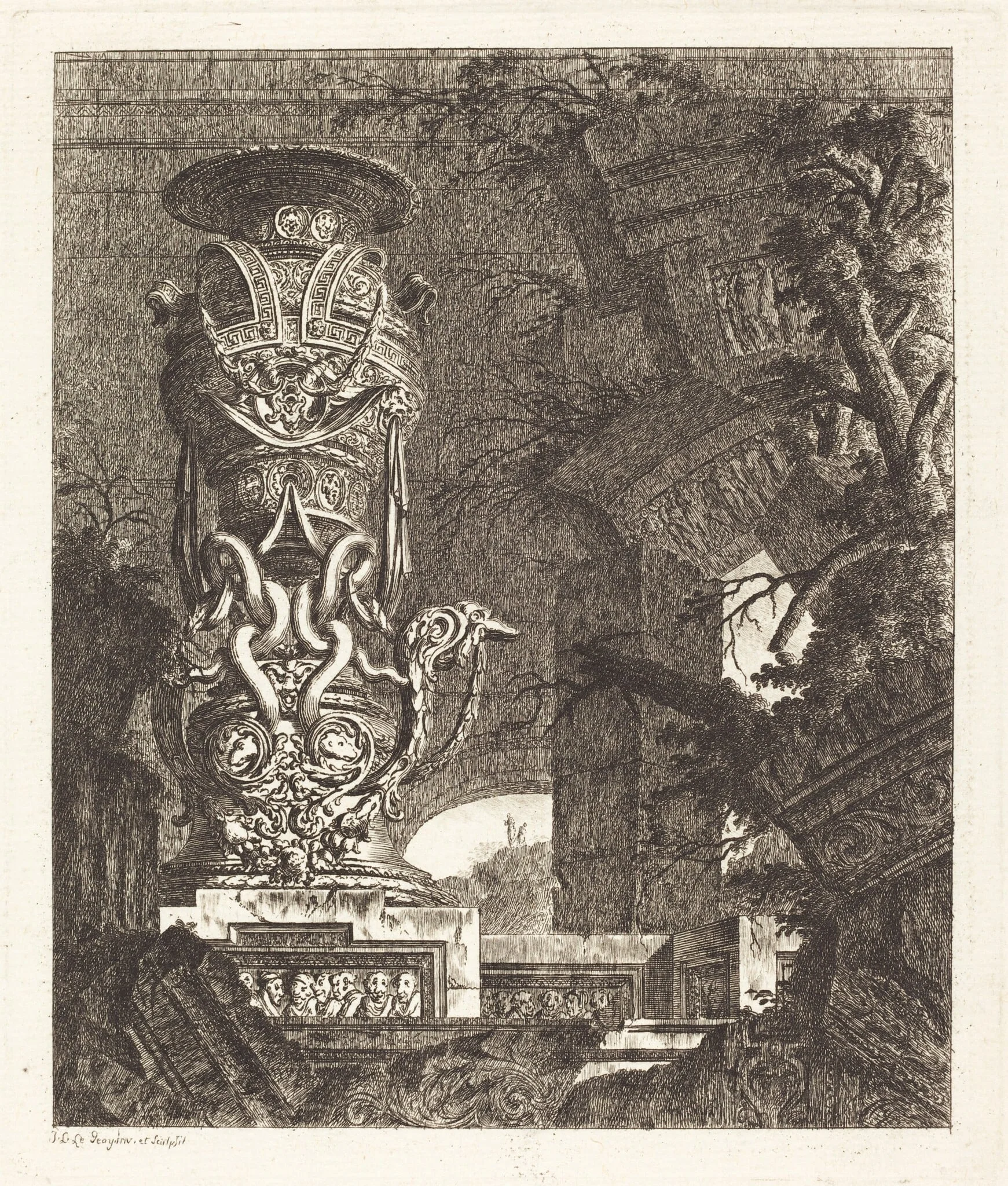 Vase Supported by Intertwined Serpents, by Jean-Laurent Legeay, ink, 1768