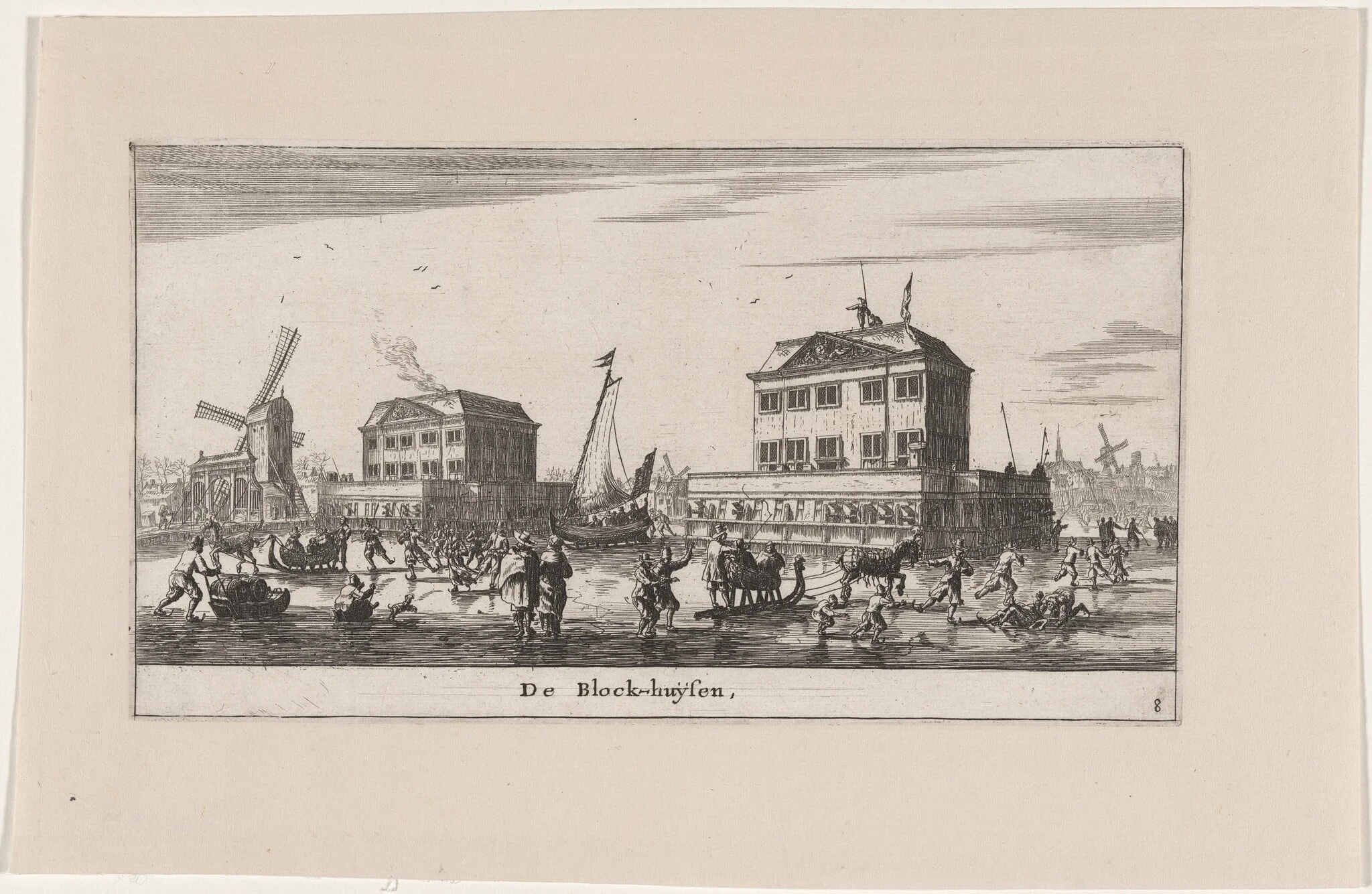 Winter Scene in the Blockhouses in Amsterdam, by Nooms, called Zeeman, Reinier, ink, 1653