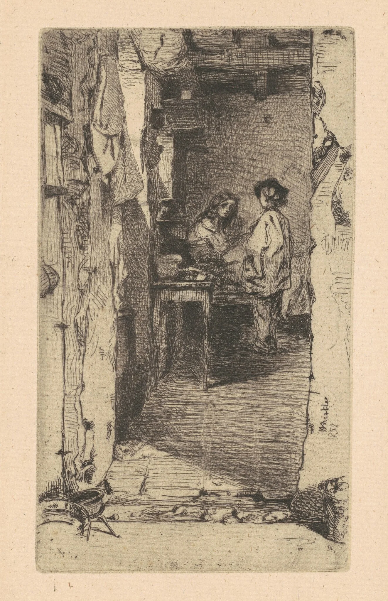 Rag Pickers, Quartier Mouffetard, Paris, by James McNeill Whistler, ink, 1858