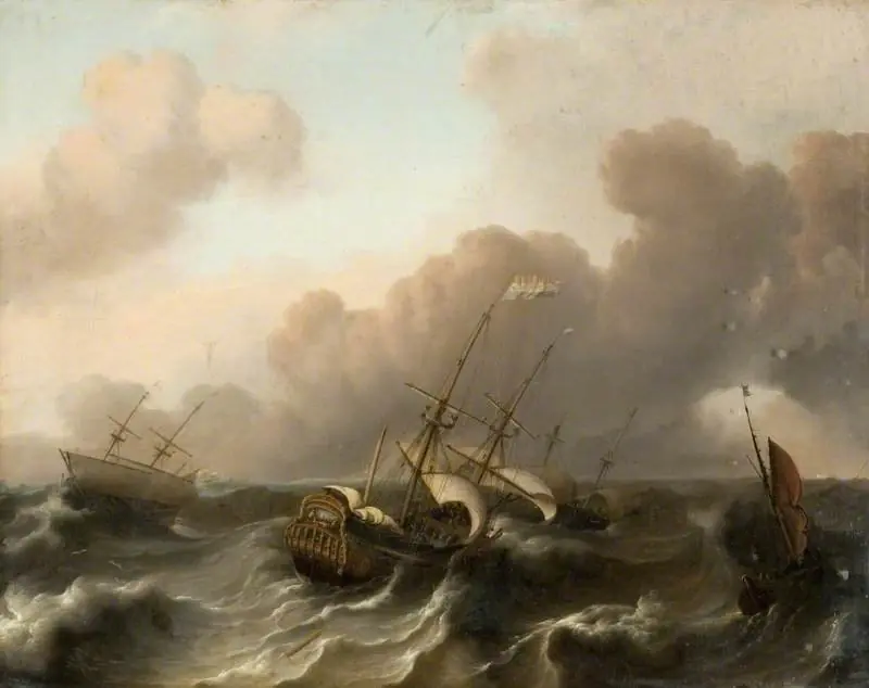 A Dutch Flagship and Other Vessels Running before a Gale