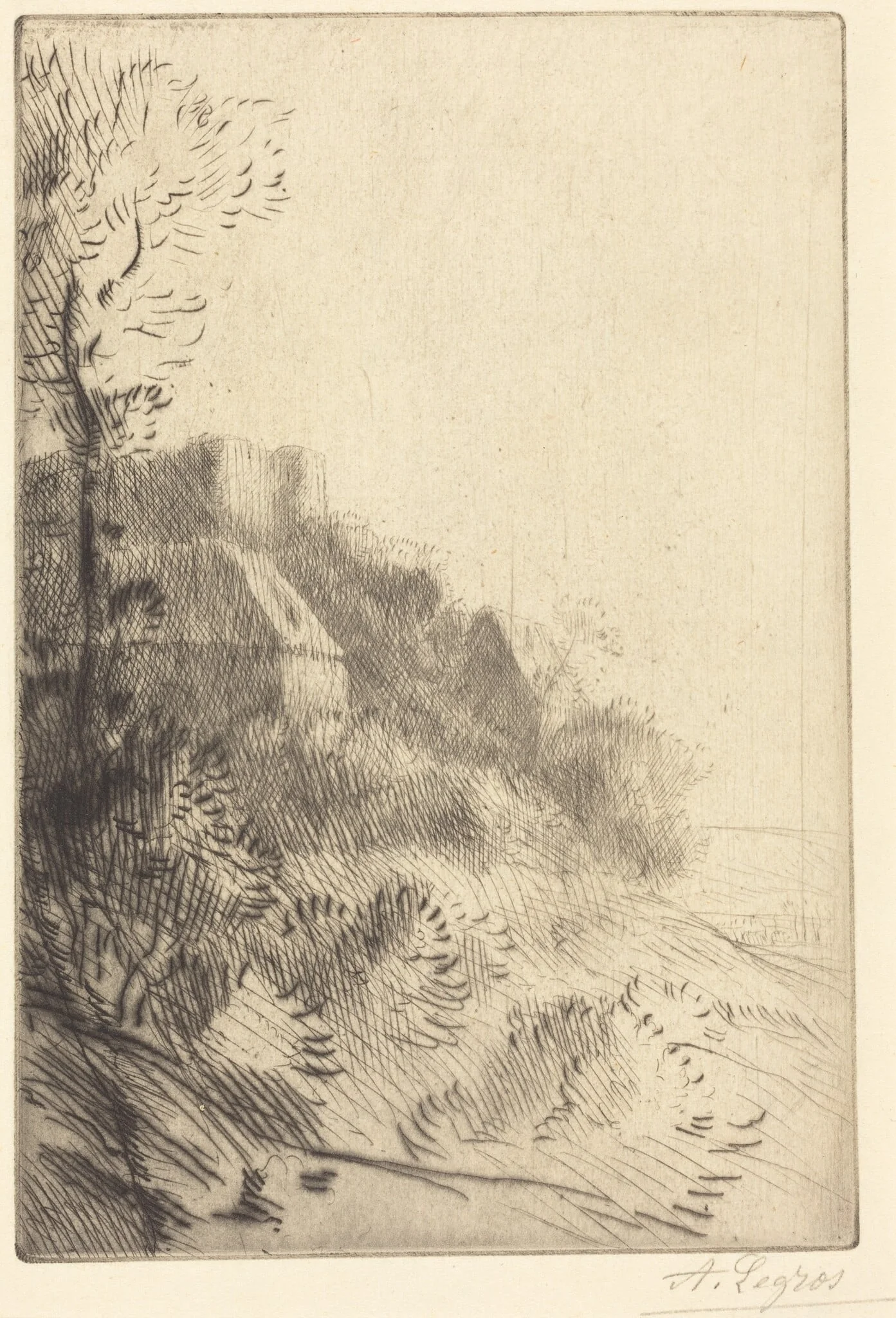 Farm on a Hillside in Sunlight (La ferme du coteau; Effet de soleil sur le coteau), by Alphonse Legros, ink, 1874