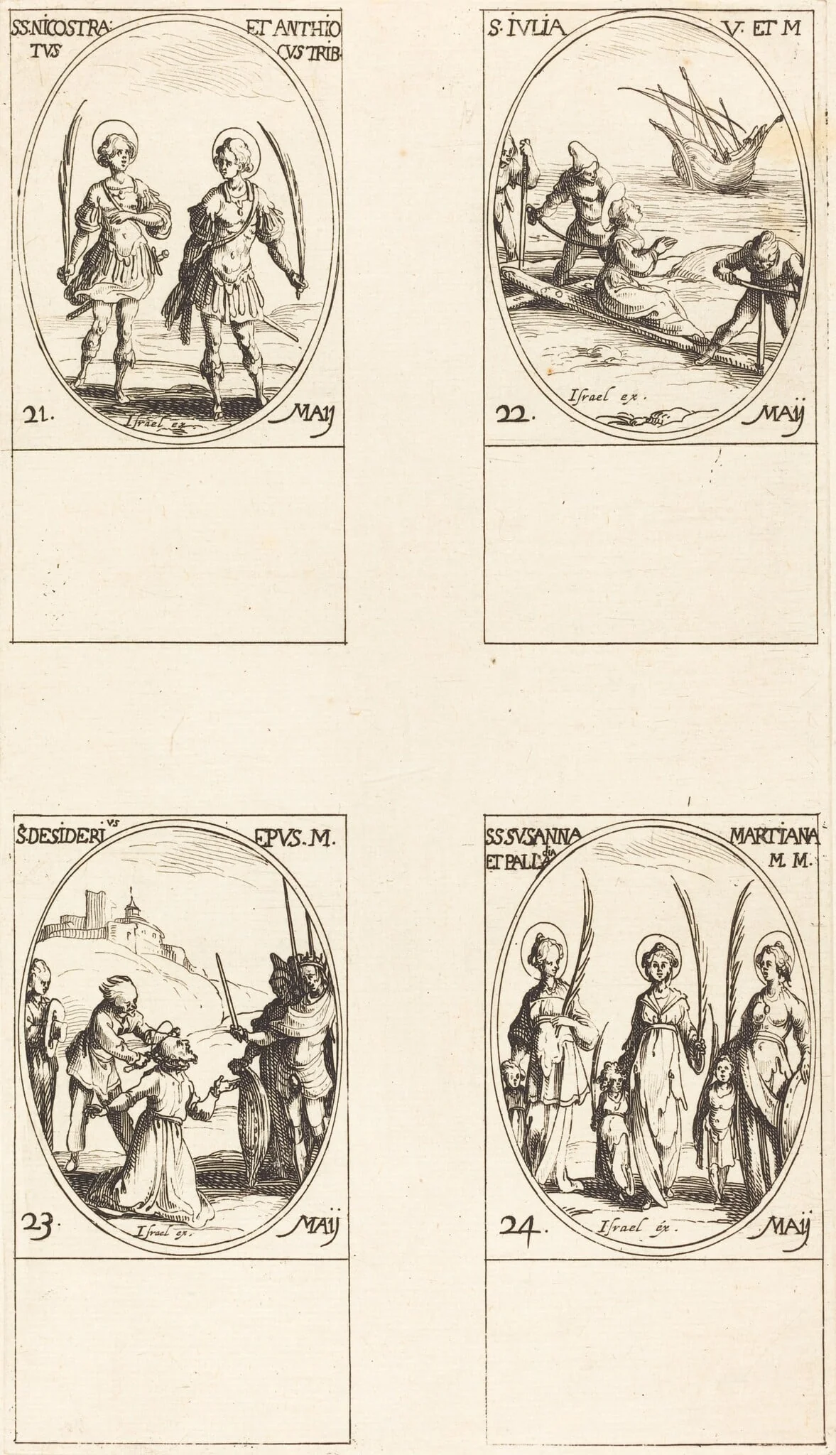 Sts. Nicostratus and Anthiocus; St. Julia; St. Desiderius; Sts. Susanna, Palladia, and Martiana, by Jacques Callot, ink, 1634