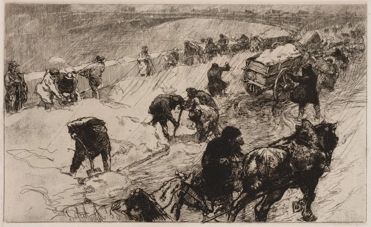 Snowball Fight:  Quai aux Fleurs, by Auguste Lepère, 1890