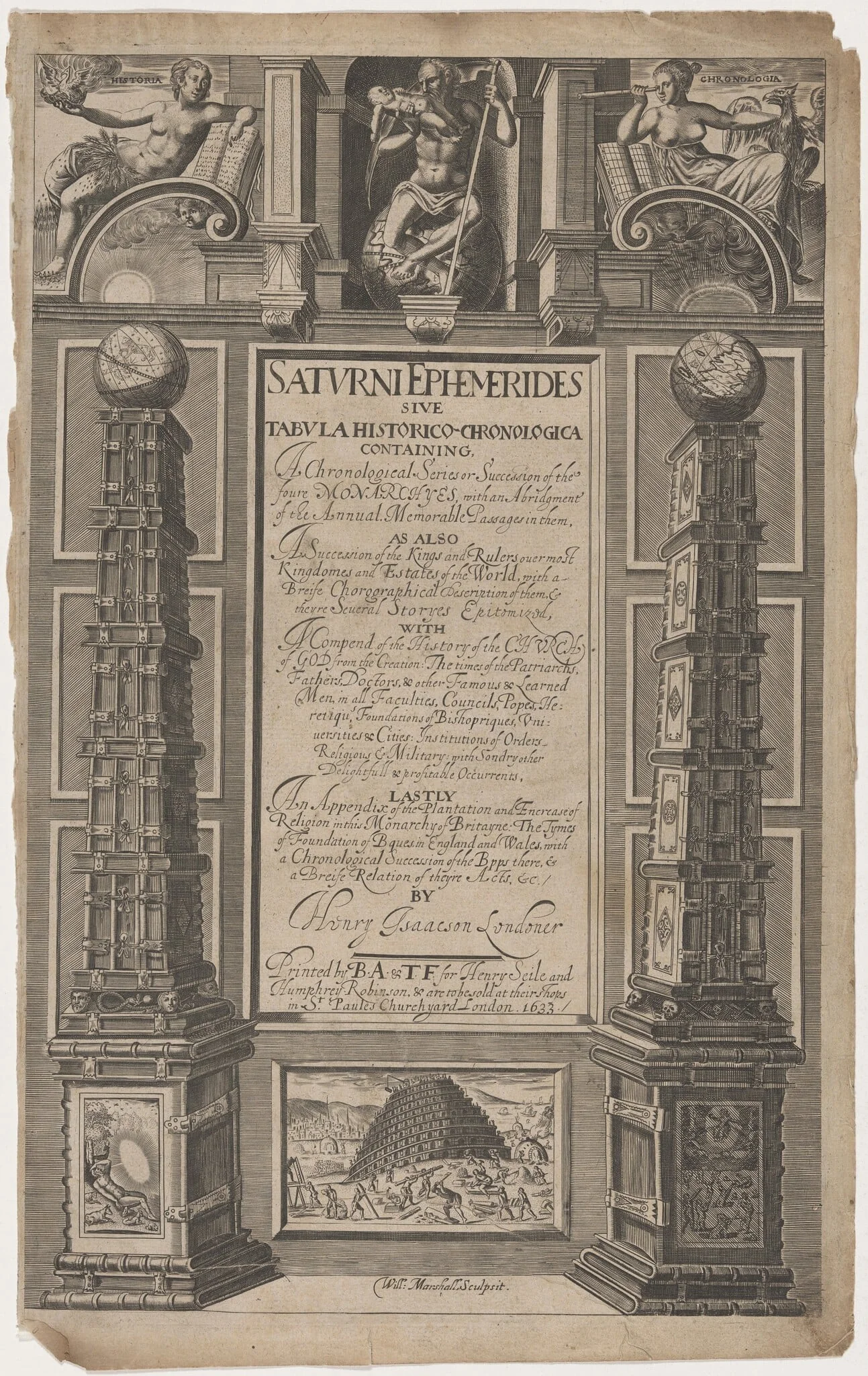 Title Page to Saturne Ephemerides by Henry Isaacson, by William Marshall, ink, 1633
