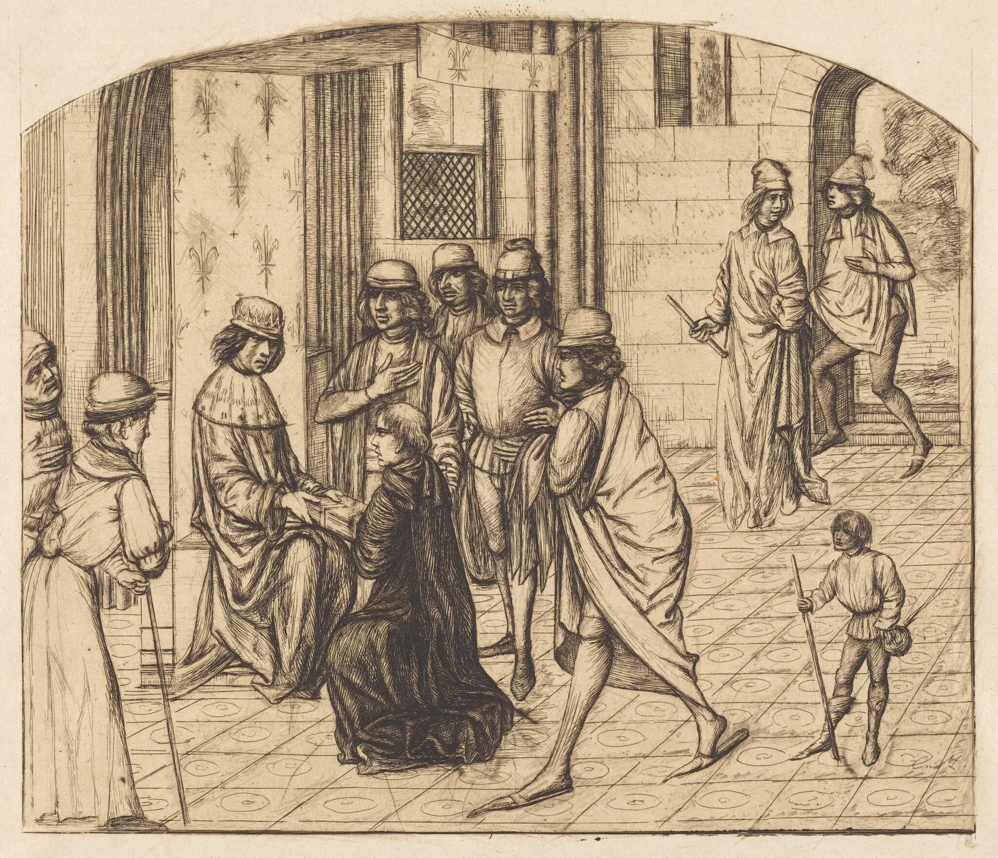 Présentation du Valère Maxime au Rois Louis XI (The Printer Valerius Maximus Being Presented to King Louis XI), by Charles Meryon, ink, 1860