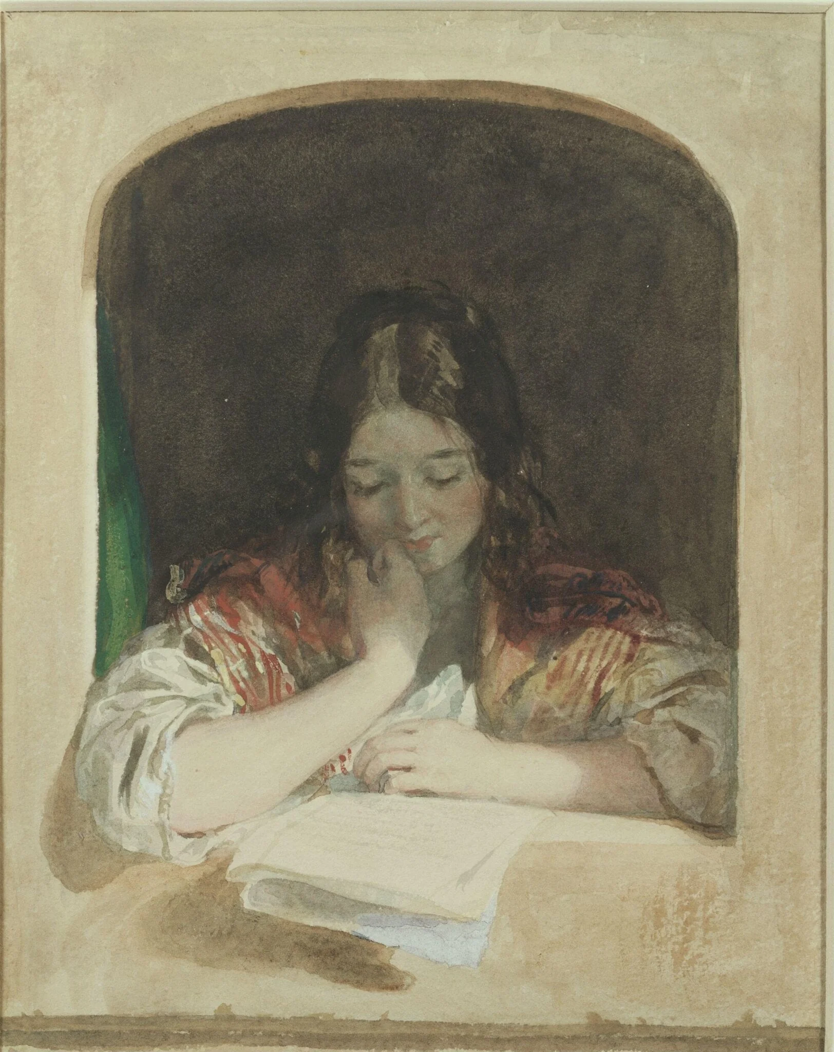 Girl reading at a window, by Charles Brocky, watercolor, 1825