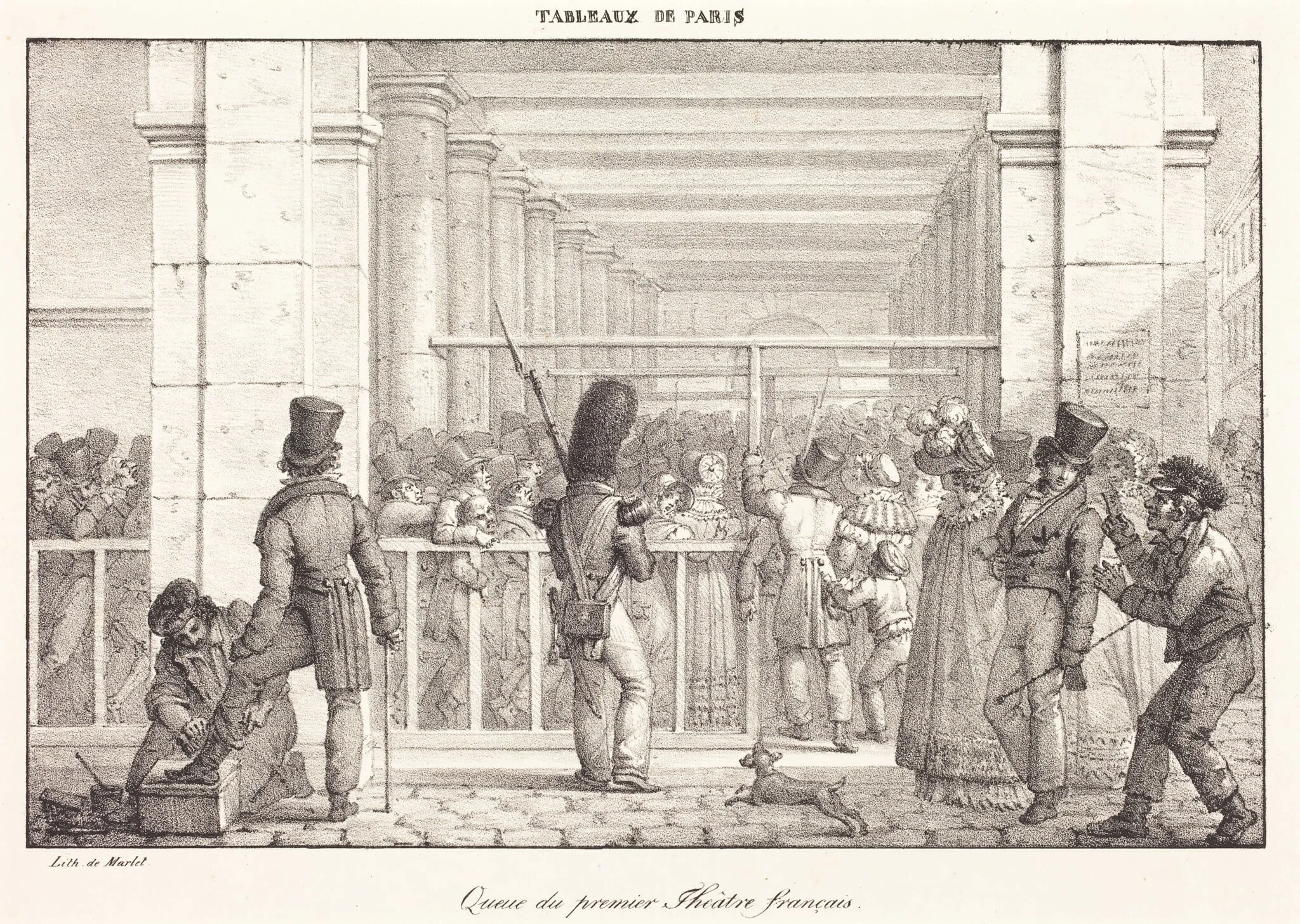 Queue du premier Theâtre français, by Jean Henri Marlet, ink, 1808