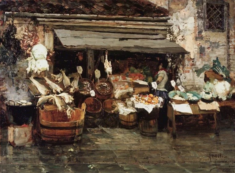 Market Scene in Venice, by Alessandro Milesi, oil, 1898