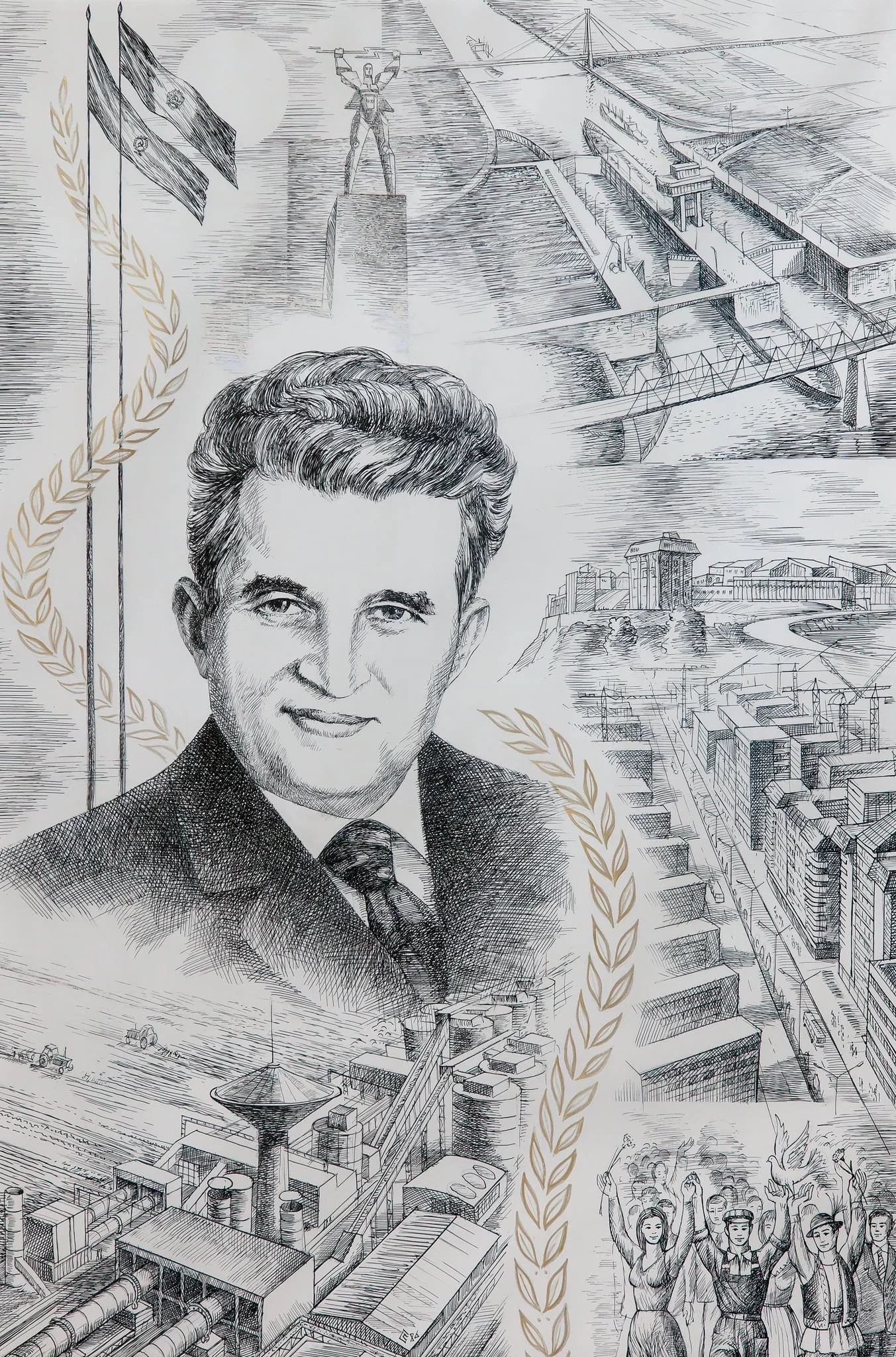 Tablou, tuș pe hârtie, „Ctitorul”, atribuit lui Levente Csutak. Tabloul îl prezintă pe Nicolae Ceaușescu și realizările sale - Canalul Dunăre Marea Neagră, Combinatul Petrochimic Midia Năvodari, Prometeu (statuia de la Barajul Vidraru), modernizarea orașelor - construcția de blocuri de locuințe pentru oamenii muncii. În partea dreaptă jos este reprezentat un grup de oameni entuziaști. Comandat și oferit de Comitetul Județean de Partid Brașov (1983).