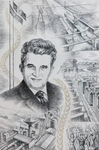 Tablou, tuș pe hârtie, „Ctitorul”, atribuit lui Levente Csutak. Tabloul îl prezintă pe Nicolae Ceaușescu și realizările sale - Canalul Dunăre Marea Neagră, Combinatul Petrochimic Midia Năvodari, Prometeu (statuia de la Barajul Vidraru), modernizarea orașelor - construcția de blocuri de locuințe pentru oamenii muncii. În partea dreaptă jos este reprezentat un grup de oameni entuziaști. Comandat și oferit de Comitetul Județean de Partid Brașov (1983).