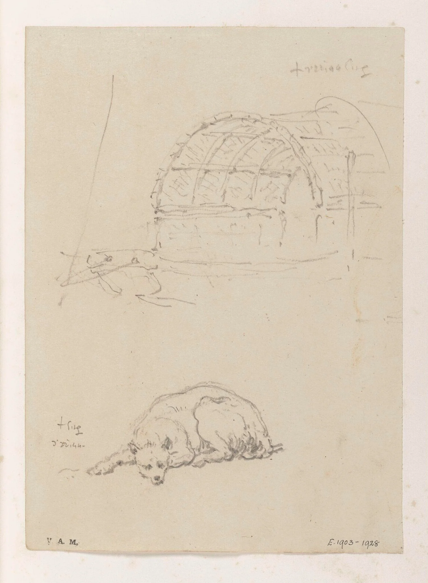 The awning of a Tanka boat, and a reclining dog, by George Chinnery, 14