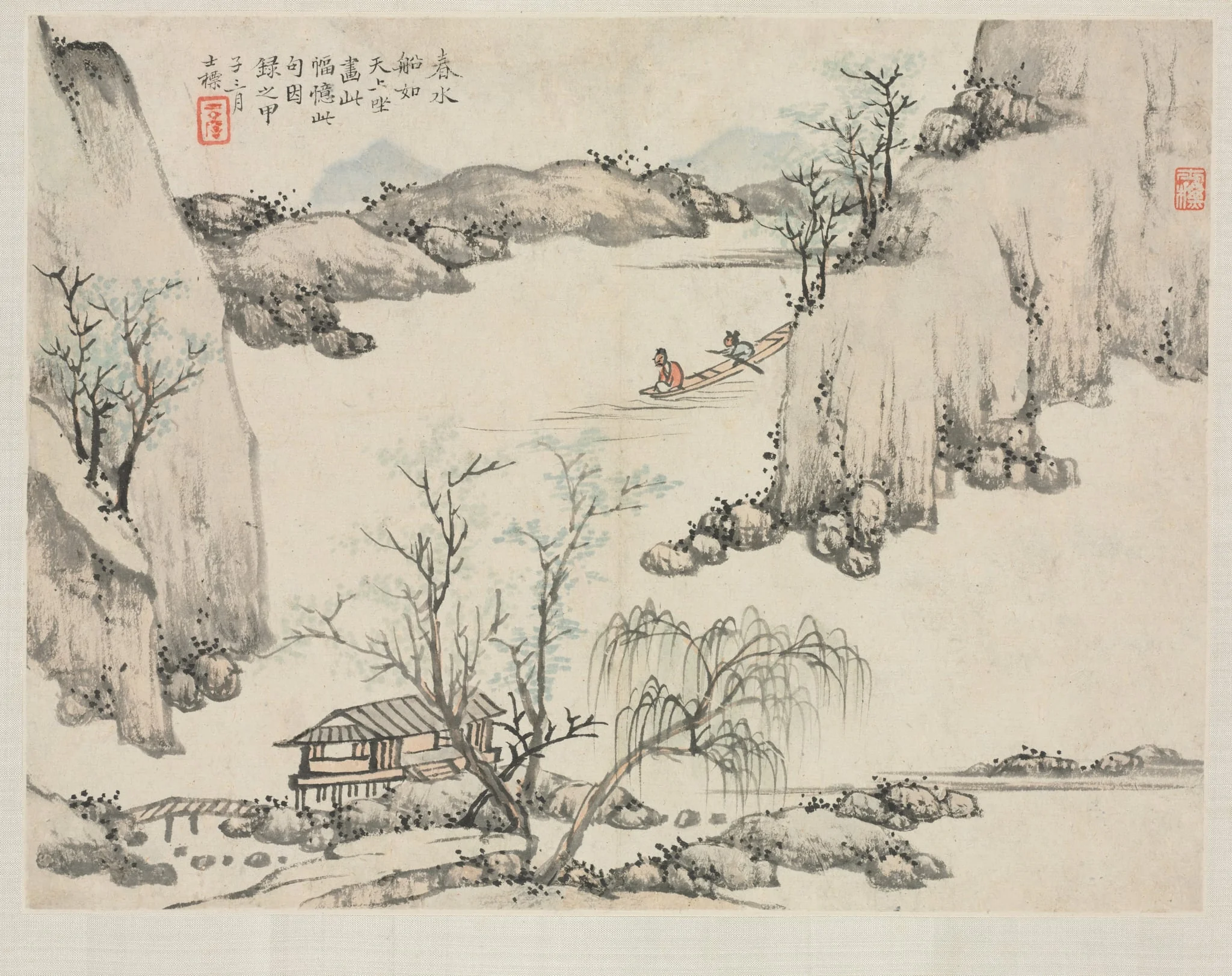 Landscape Album in Various Styles: Boating in Spring Water, by Zha Shibiao, unspecified, 1684
